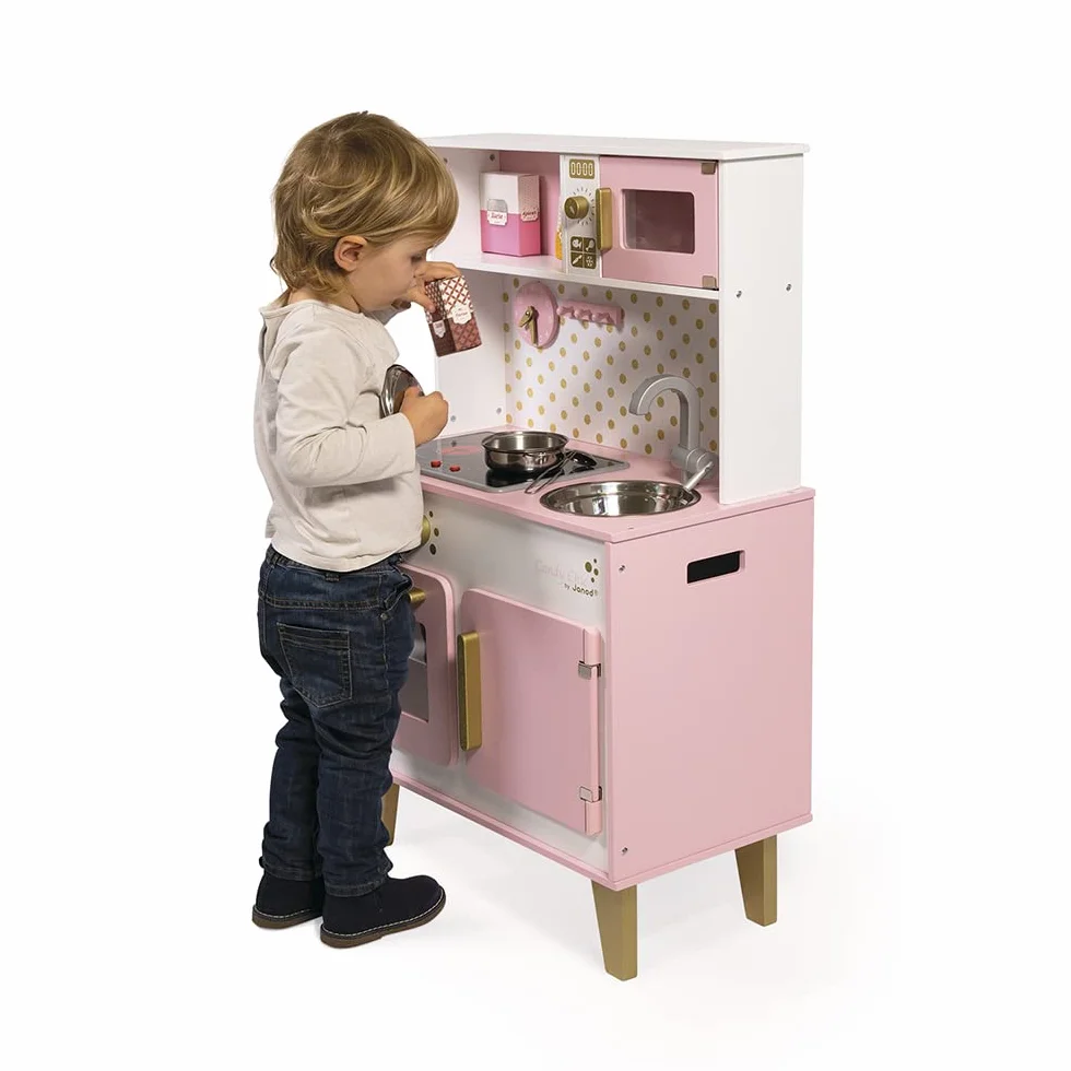 Janod - Candy Chic Big Wooden Cooker for Children - Equipped with Fridge and Microwave, Sound and Light - Pretend Play - 6 Accessories Included - For children from the Age of 3, J06554, Pink and White