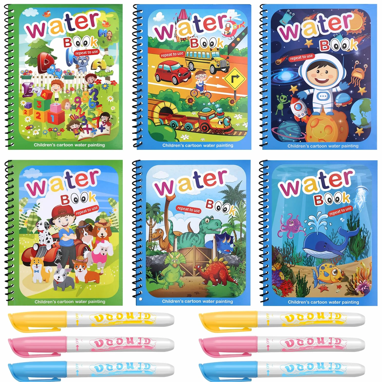 6 sztuk kolorowanek wodnych, wielokrotnego użytku, magiczna książka z 6 pisakami wodnymi, zestaw magicznych kolorowanek, dla dzieci w wieku 3, 4, 5, 6 lat, dla chłopców i dziewczynek