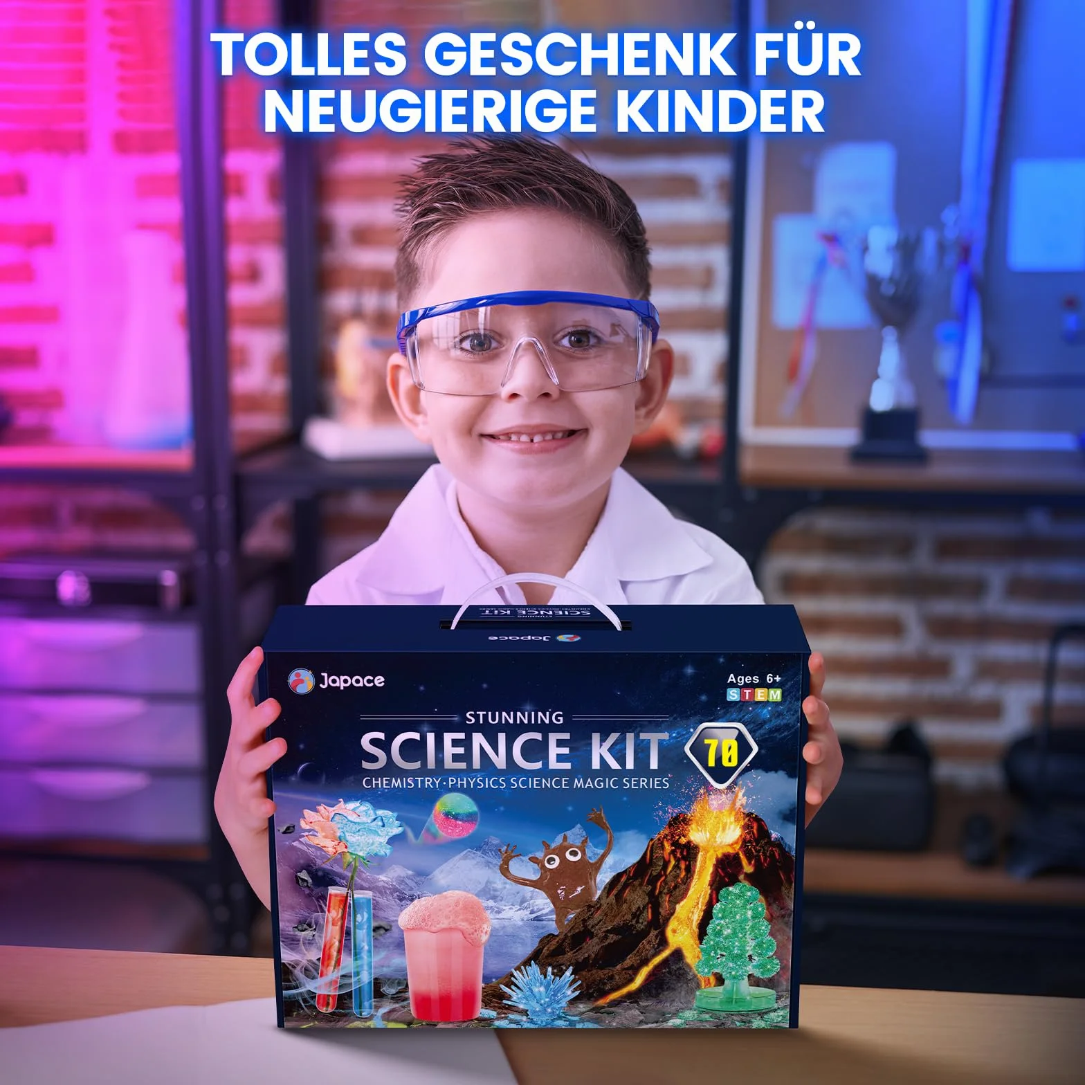 Japace Zestaw 70 eksperymentów dla dzieci, laboratorium STEM, zestaw chemiczny, hodowla kryształów, wulkan, gumowa piłka