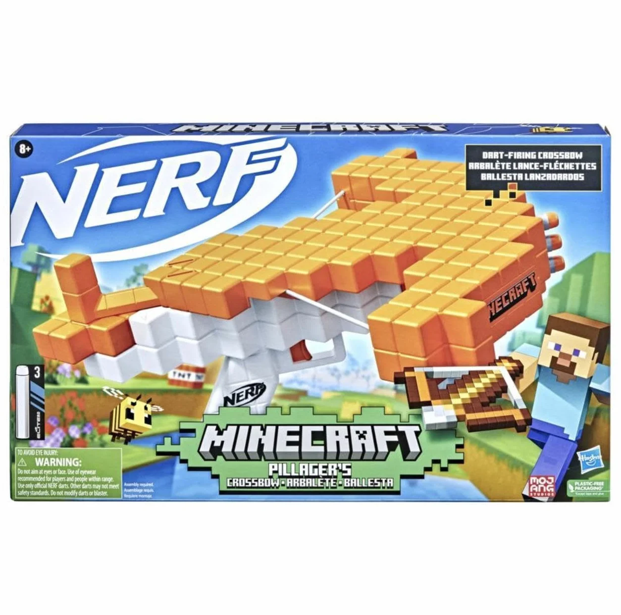 Nerf Minecraft Pillager's Crossbow, strzelająca strzałkami kusza, prawdziwy mechanizm działania kuszy, dołączono 3 oryginalne strzałki Nerf Elite