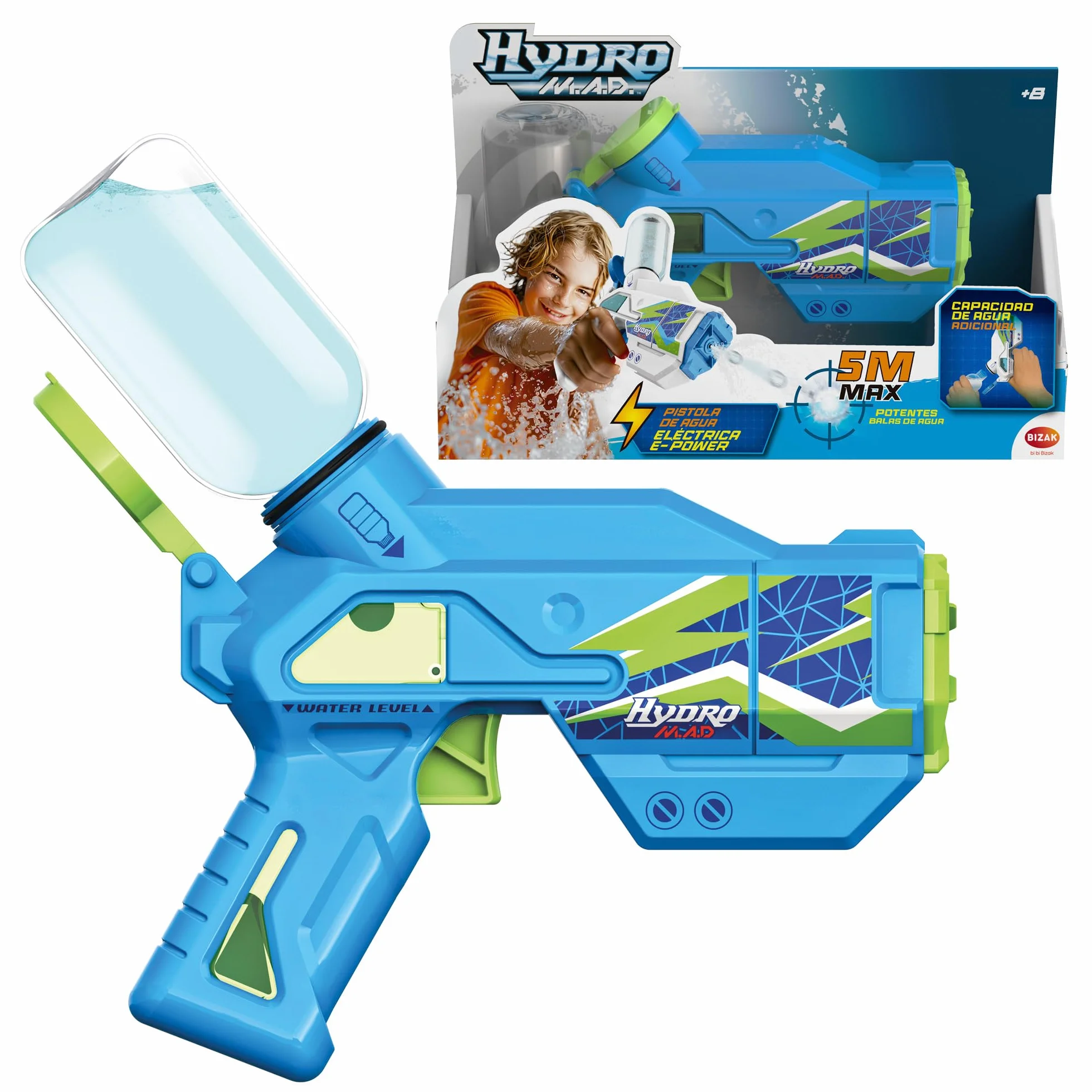Bizak Hydro M.A.D. Mini elektroniczny blaster, pistolet na wodę z zasięgiem do 5 m, zabawka do zabawy na świeżym powietrzu, dla chłopców i dziewcząt w wieku 8 lat, (62001153)