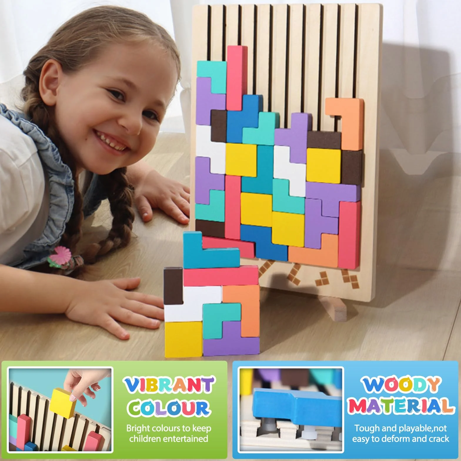 Drewniane puzzle Tetrs, zabawki edukacyjne, Montessori Games 3 4 5 6 lat, inteligencja układanka, zabawka do mózgu, kolorowe geometryczne bloki tetrs, prezent dla dziecka