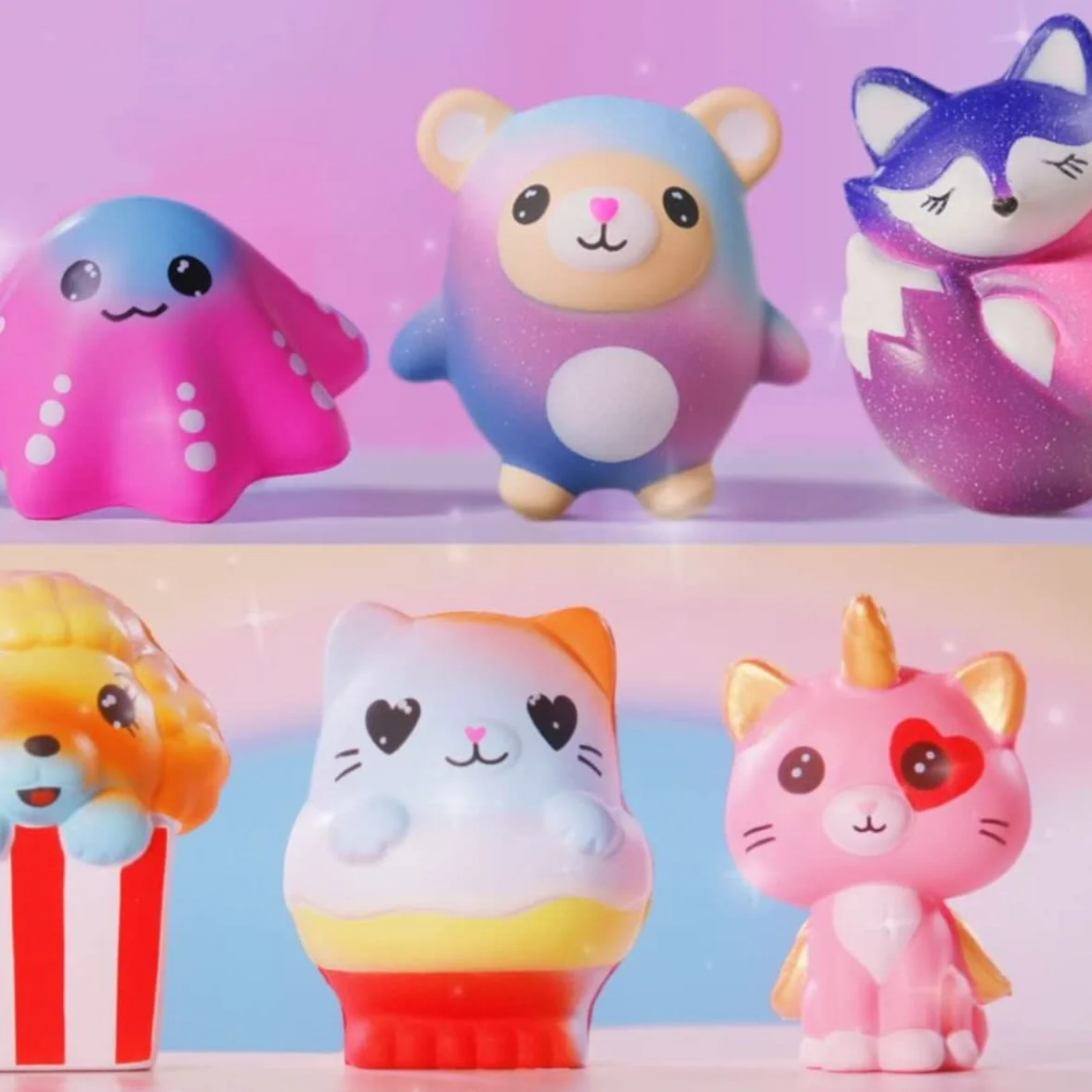 Sbabam, Doki Doki Squishy Galaxy and Rainbow, gry dla dzieci z kioskiem, zabawki Squishy, małe miękkie gumowe lalki, zestaw 3 saszetek, pomysły na prezenty dla dzieci, od 3 lat