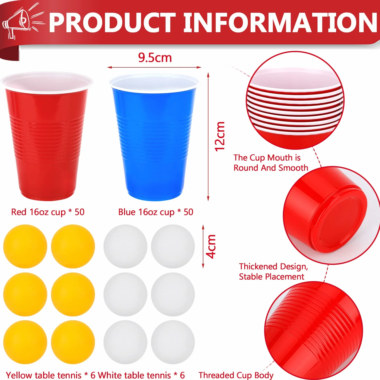 Frasheng Beer Pong Party Cups 100 sztuk 12 piłek Plastikowe Kubki 16 uncji Wielokrotnego Użytku Zestaw