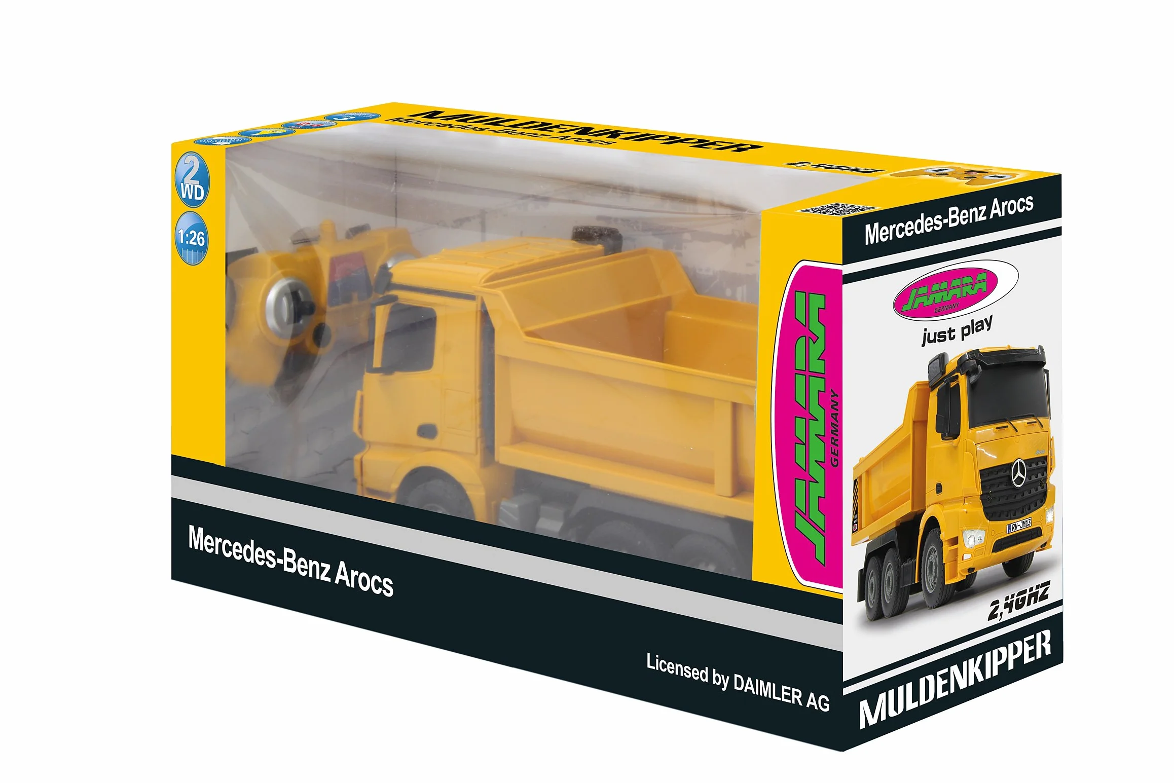 JAMARA 405108 – wywrotka Mercedes Arocs 1:26 2,4 G – wgłębienie uchylne w górę/w dół, światło z przodu, profilowane gumowe opony