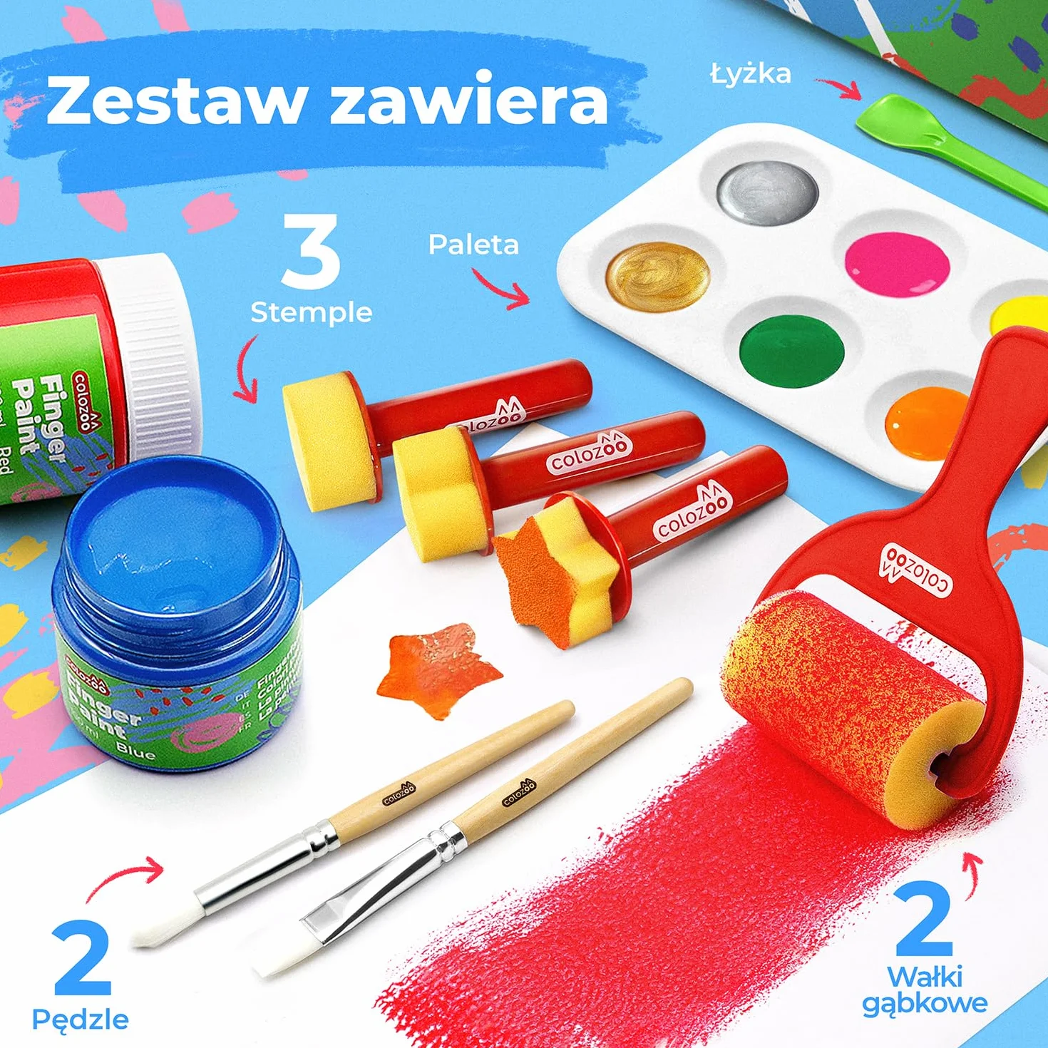 Colozoo Kids Finger Paint Set Inc. akcesoria do malowania | 8x100ml Colors Inc. złote i srebrne | bez parabenów, glutenu i laktozy, na bazie wody, wegańskie | łatwe do czyszczenia i zmywania