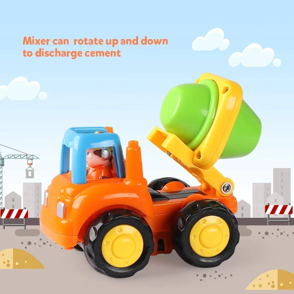 Coogam Push and Go Autos Reibung Angetriebenes Baufahrzeug Frühes Pädagogisches Spielzeug für 1 2 3 Jahre Alte Baby Kleinkinder - Satz von 4 - Traktor-Planierraupe-Betonmischer-LKW und Kipper