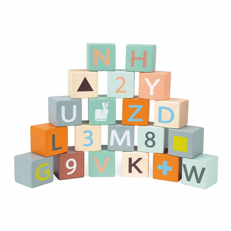 Janod - Sweet Cocoon Abc Buggy - Wooden Walking and Activity Cart - with 20 Alphabet Cubes, Numbers and Shapes Blocks + 3 Abacus Rows - Water Based Paints - from 1 Year Old, J04408