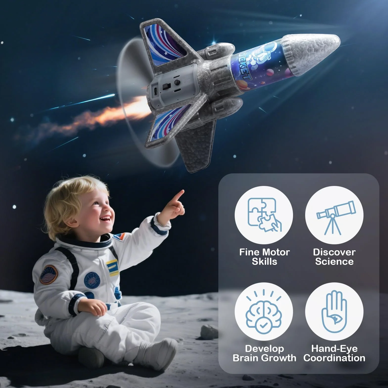 Dreamon Rakieta dla dzieci ze spadochronem LED, zmotoryzowana rakieta, zabawka outdoorowa, prezent dla dzieci w wieku 6, 7, 8, 9 lat