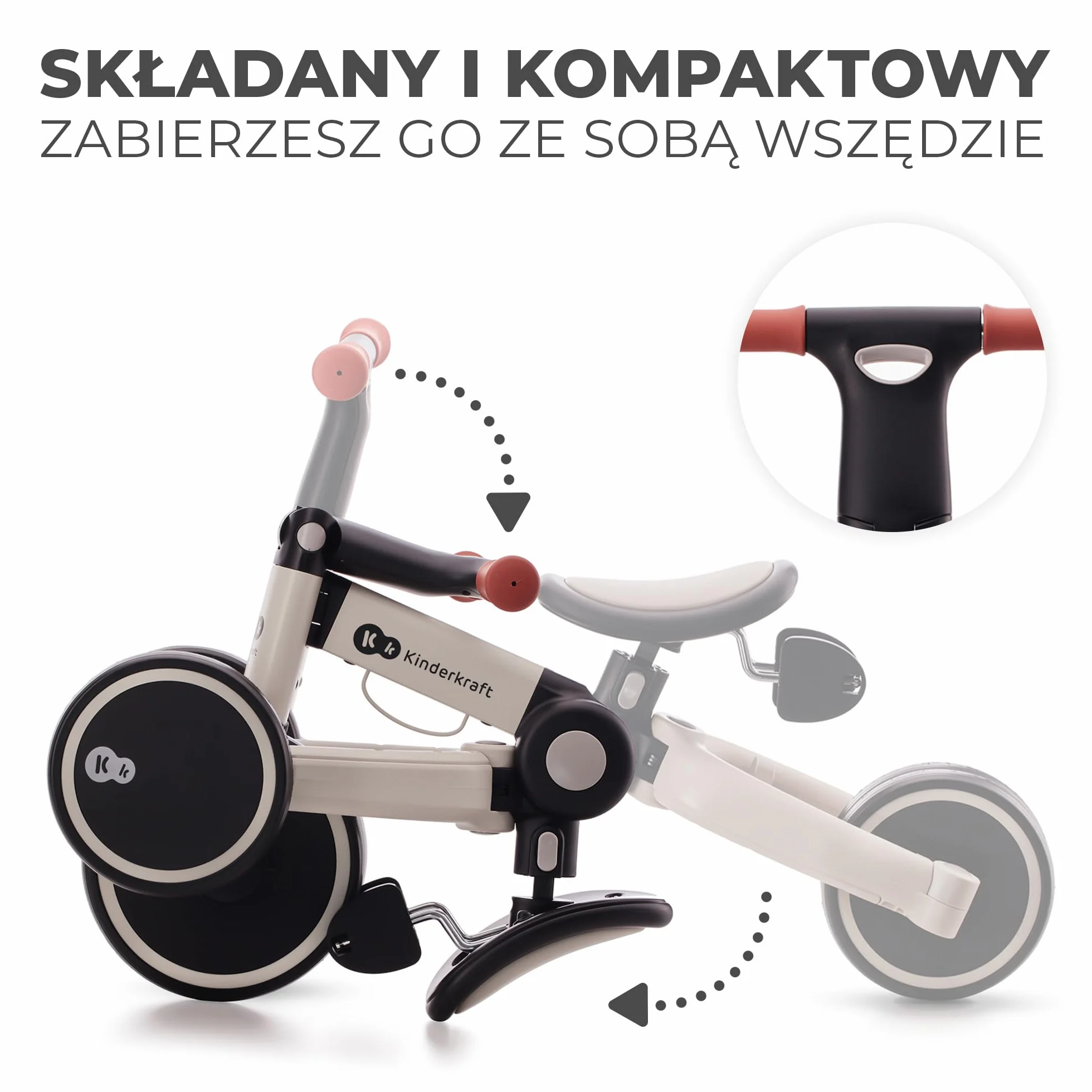 kk Kinderkraft 4TRIKE Trójkołowiec 3w1, Rowerek Biegowy, Pchacz, Wielofunkcyjny, Bezpieczny, Regulowane Siodełko, Szary