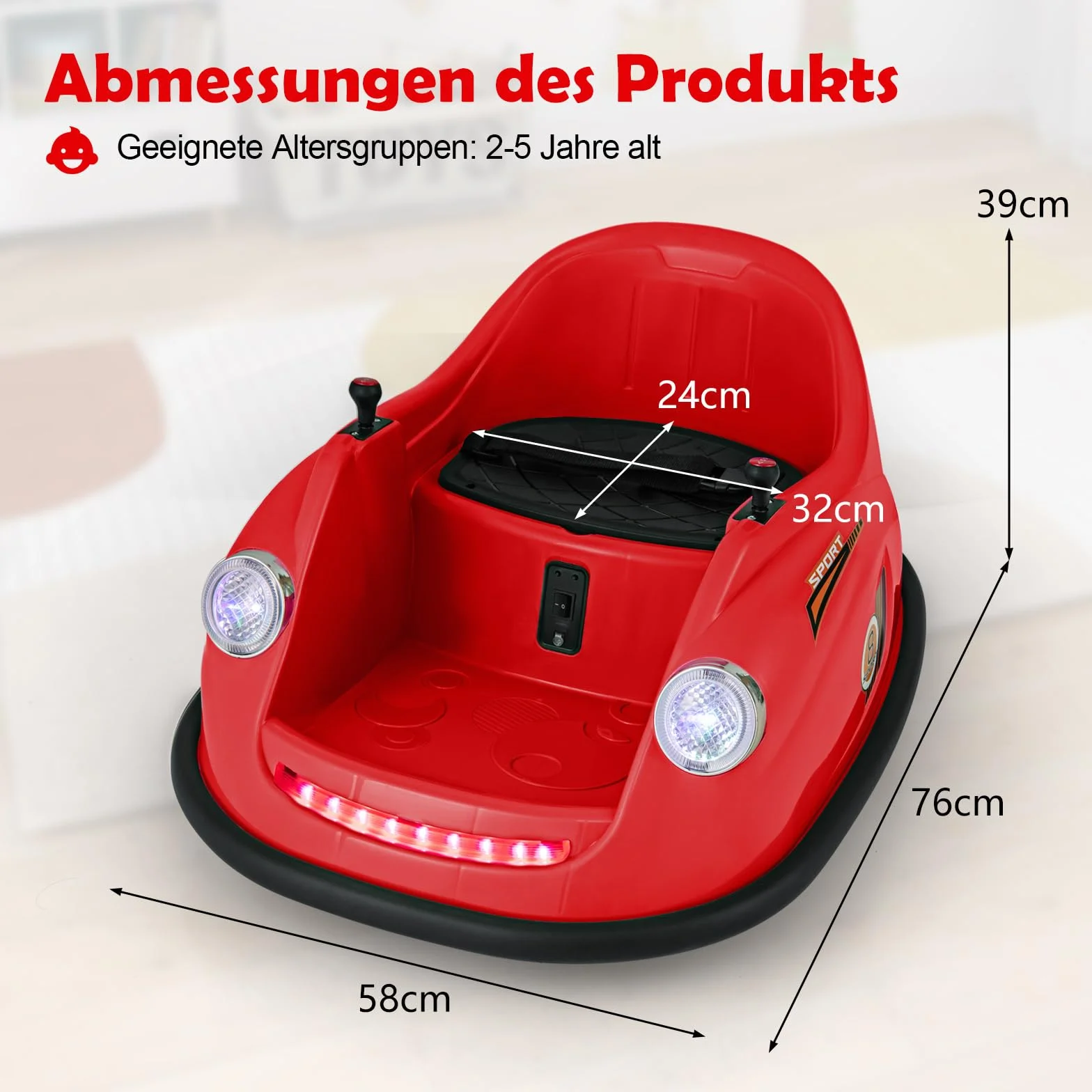 GOPLUS 12V hulajnoga samochodowa dla dzieci, elektryczny bumper z pilotem zdalnym, obrót 360°, LED, muzyka, pojazd elektryczny 2-5 lat (czerwony)