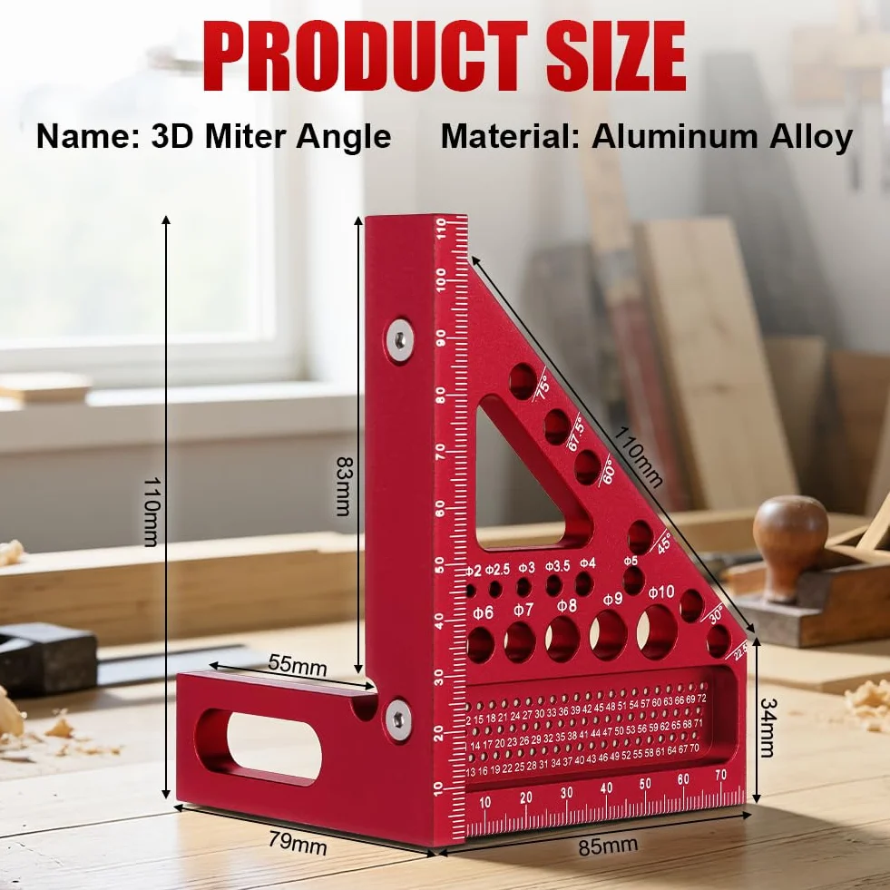 Flintronic Kwadrat stolarski 3D, linijka pomiarowa kątowa ze stopu aluminium 22,5–90 stopni, 110 mm, wysoka precyzja, kwadratowa, z długopisami do obróbki drewna, dla inżynierów, stolarzy, czerwona