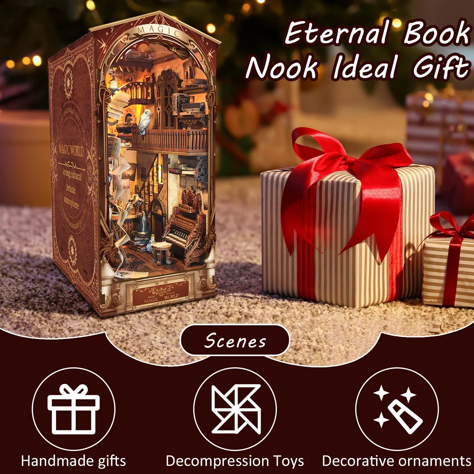 Kącik do książek DIY zestaw, MOJINO domek dla lalek drewniany narożnik do książek miniaturowy zestaw domowy z meblami i światłem LED magiczny świat puzzle 3D drewniane (magiczny świat)