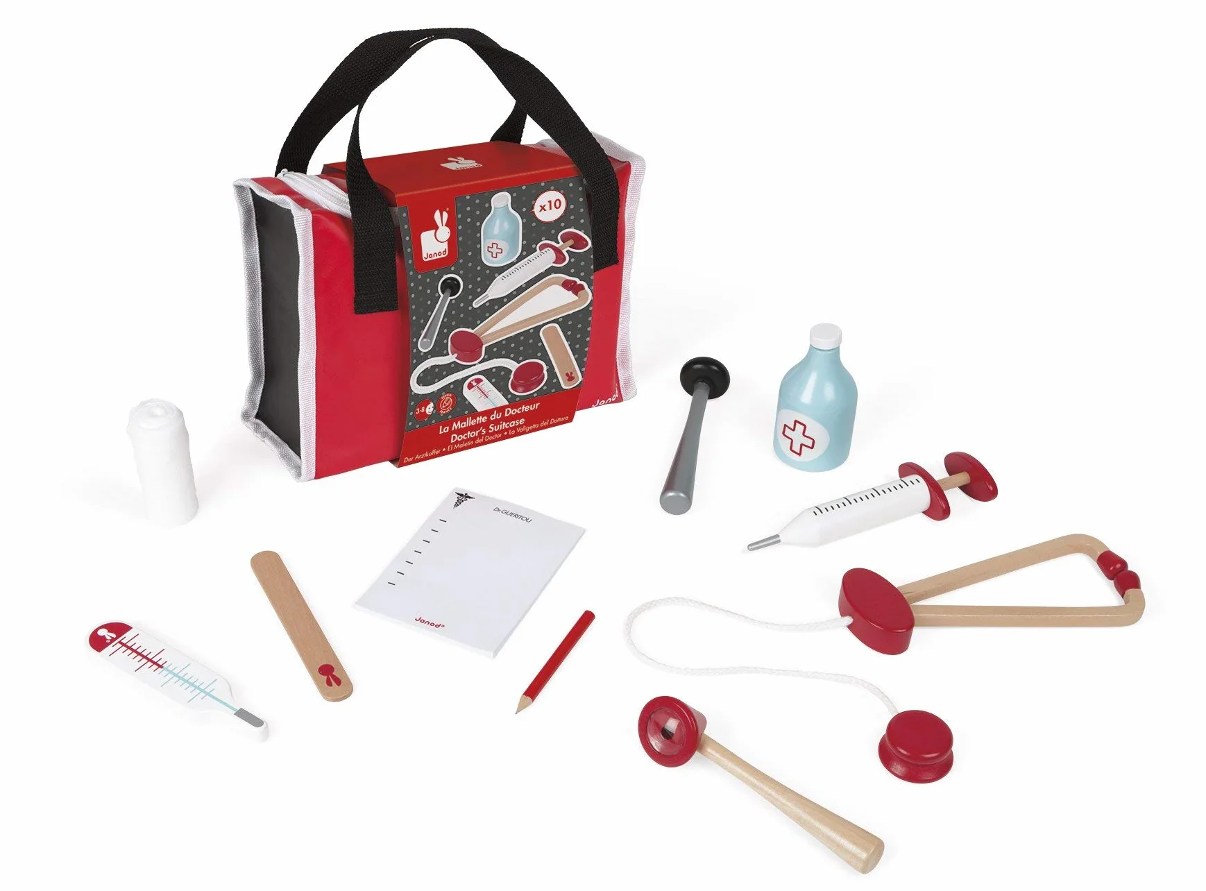 Janod - Doctor's Suitcase for Children - 10 Solid Wood Accessories Included - Prentend Play Toy - For children from the Age of 3, J06513, Red