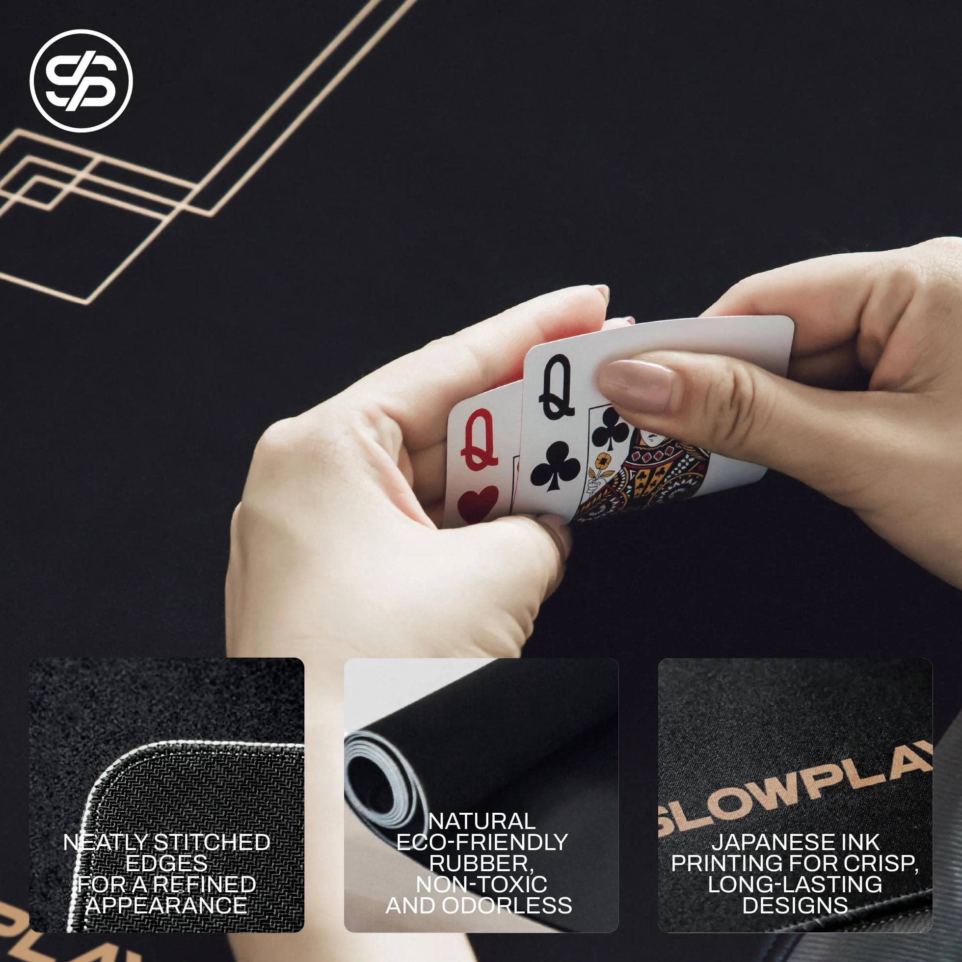 SLOWPLAY Mata do pokera model Godel Texas Hold'em 120x70 cm | Obszyte krawędzie, wodoodporny i redukujący hałas | Ultraprzenośny (czarny i szampański złoty)