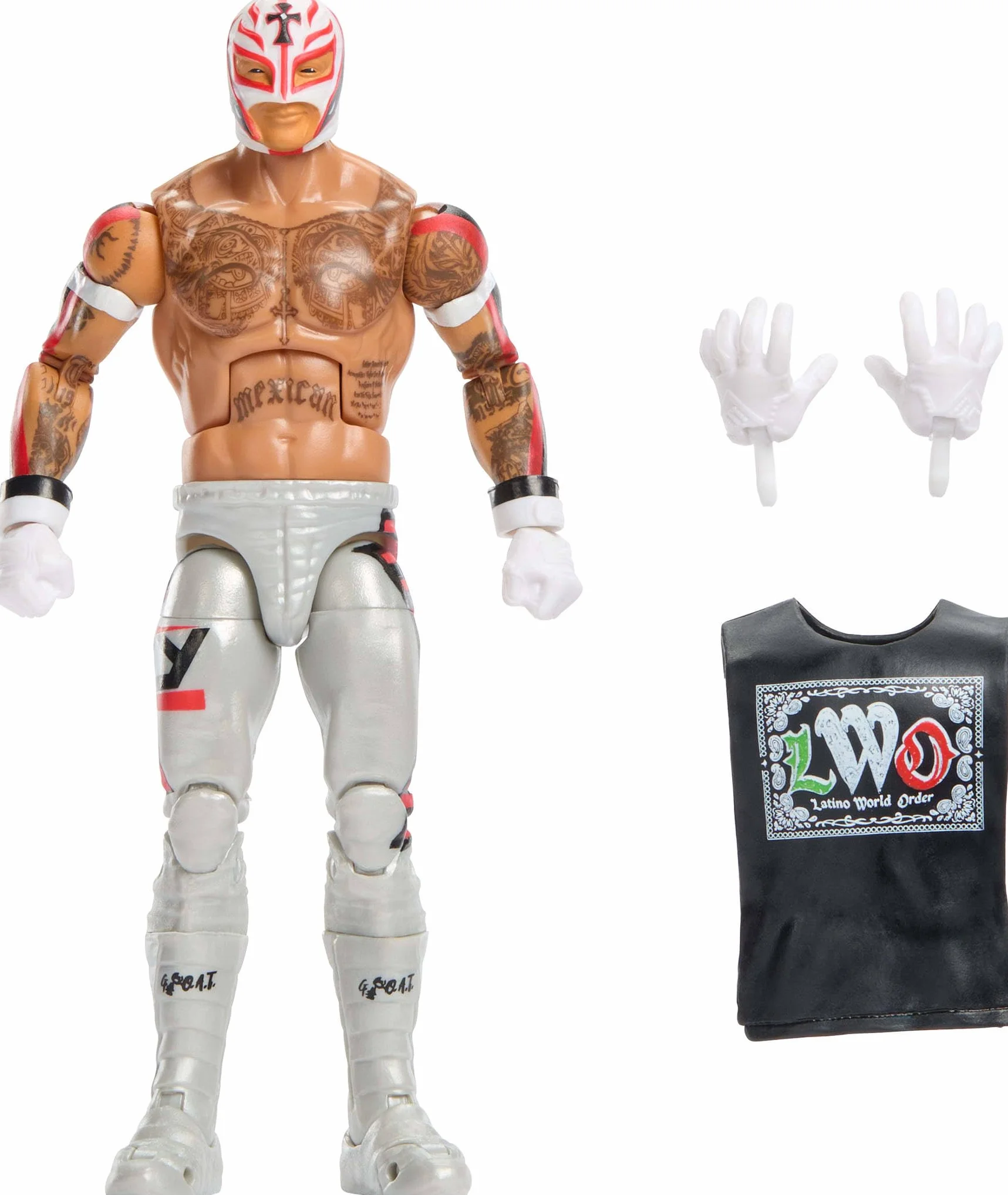Mattel WWE Elite Collection Rey Mysterio Figurka i akcesoria Zestaw, Seria #125, figurka (ok. 15 cm w skali) do kolekcjonowania, 25 punktów ruchu i wymienne dłonie, zabawka dla dzieci 8+, JHT67