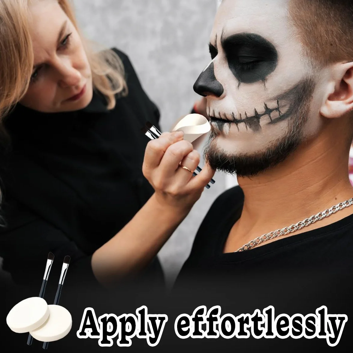 Makijaż na Halloween, 140 g, czarno-biały (70 g na sztukę), z 2 pędzlami + 2 pudrem pudru, farba do twarzy na Halloween, do makijażu teatralnego, szkieletu, zombie, wampira, makijażu karnawałowego