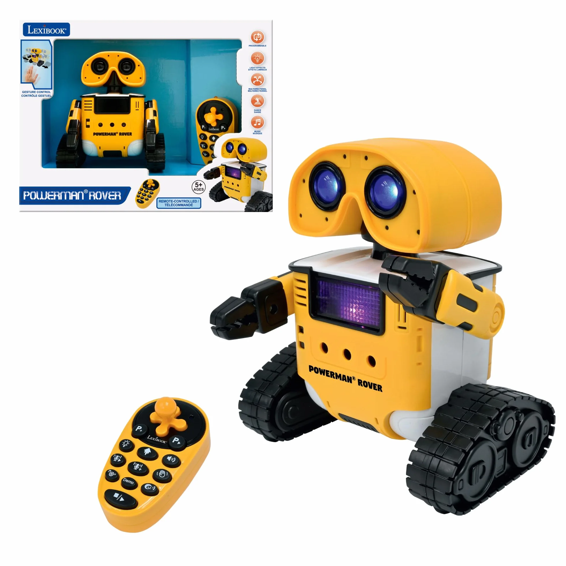 Lexibook ROB14 Powerman Rover, Twój Towarzysz Robota, Pilot Zdalnego Sterowania i Gestami, Odtwarza Muzykę i Tańce, Powtarza się po Tobie, Efekty Świetlne i Dźwiękowe, Programowalny Stem, Żółty
