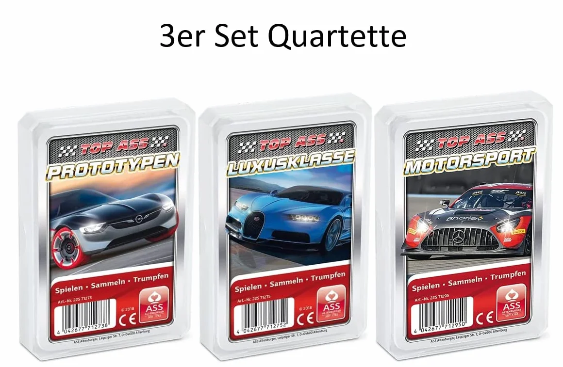 Ass Altenburger 3-częściowy zestaw gier kwartetowych/quartetowych karoserii składający się z 1. Top Ass Motorsport - 2. Top Ass Luxusklasse - 3. Top Ass Prototypy