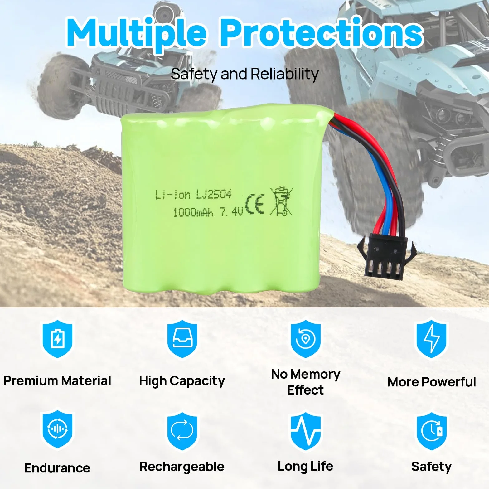 2 sztuki 7,4V 1000mAh bateria litowa z wtyczką SM-4P i kablem ładującym USB do samochodu RC, łodzi, ciężarówki, DE36W DE65 NO.1809 samochód zabawkowy RC, pojazd terenowy, akumulator wyścigowy do