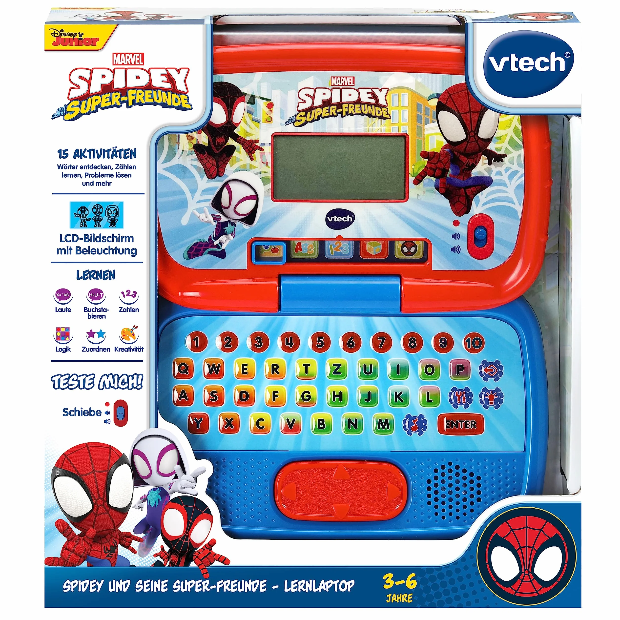 VTech Spidey und seine Super-Freunde – laptop do nauki – komputer edukacyjny z klawiaturą QWERTZ i treścią do liter, dźwięków liter, łatwe dodawanie i odejmowanie itp. – dla dzieci w wieku 3-6 lat