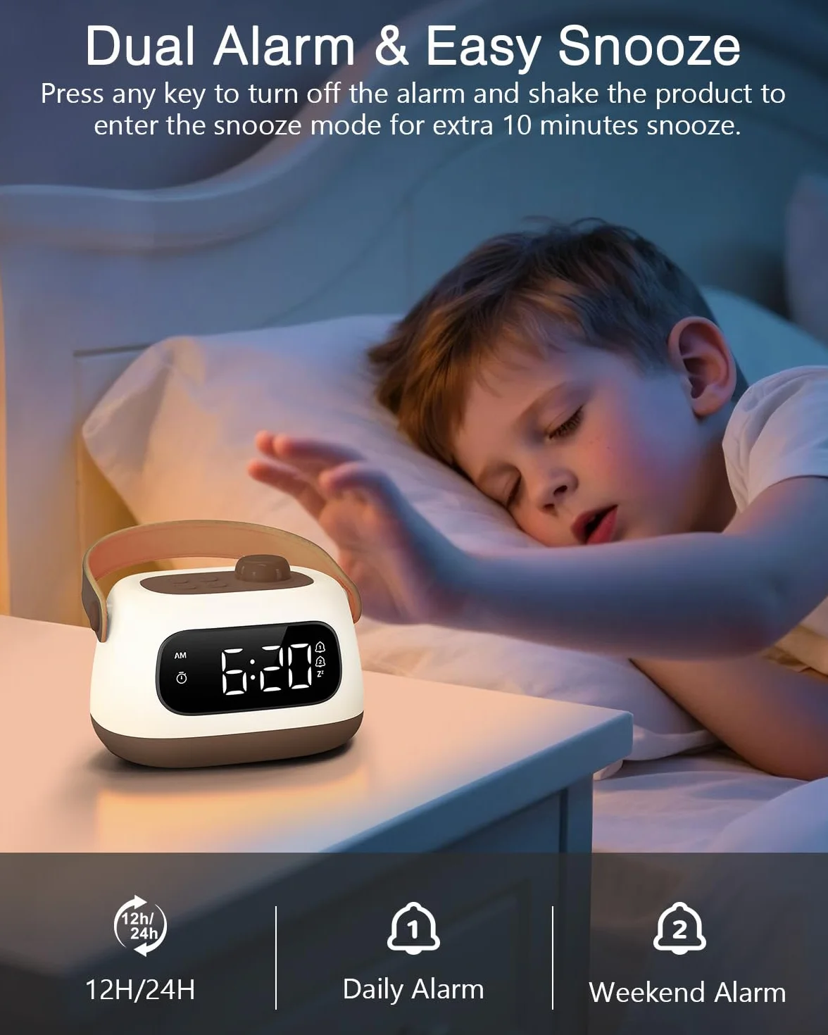 ORIA Lampka nocna dla dzieci, budzik LED z podwójnym alarmem, płynne sterowanie jasnością, odliczanie, drzemka, lampka nocna do pokoju dziecięcego, pokoju niemowląt, sypialni