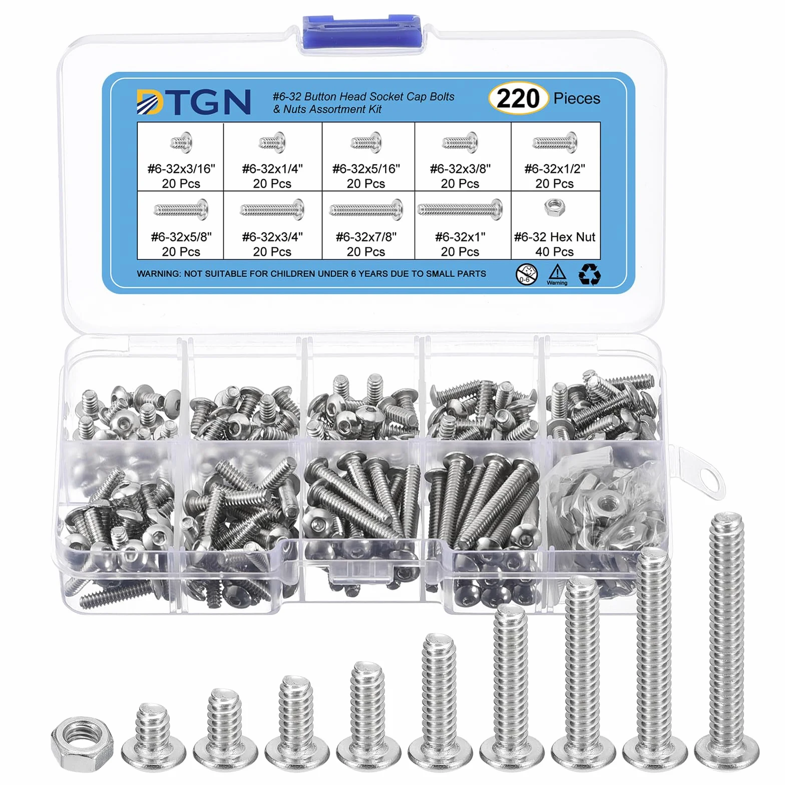 DTGN 220Pack #6-32(D) Zestaw śrub z łbem cylindrycznym z pustymi nakrętkami - 3/16", 1/4", 5/16", 3/8", 1/2", 5/8", 3/4", 7/8", 1"(L) - stal nierdzewna 304 - Pełny gwint UNC