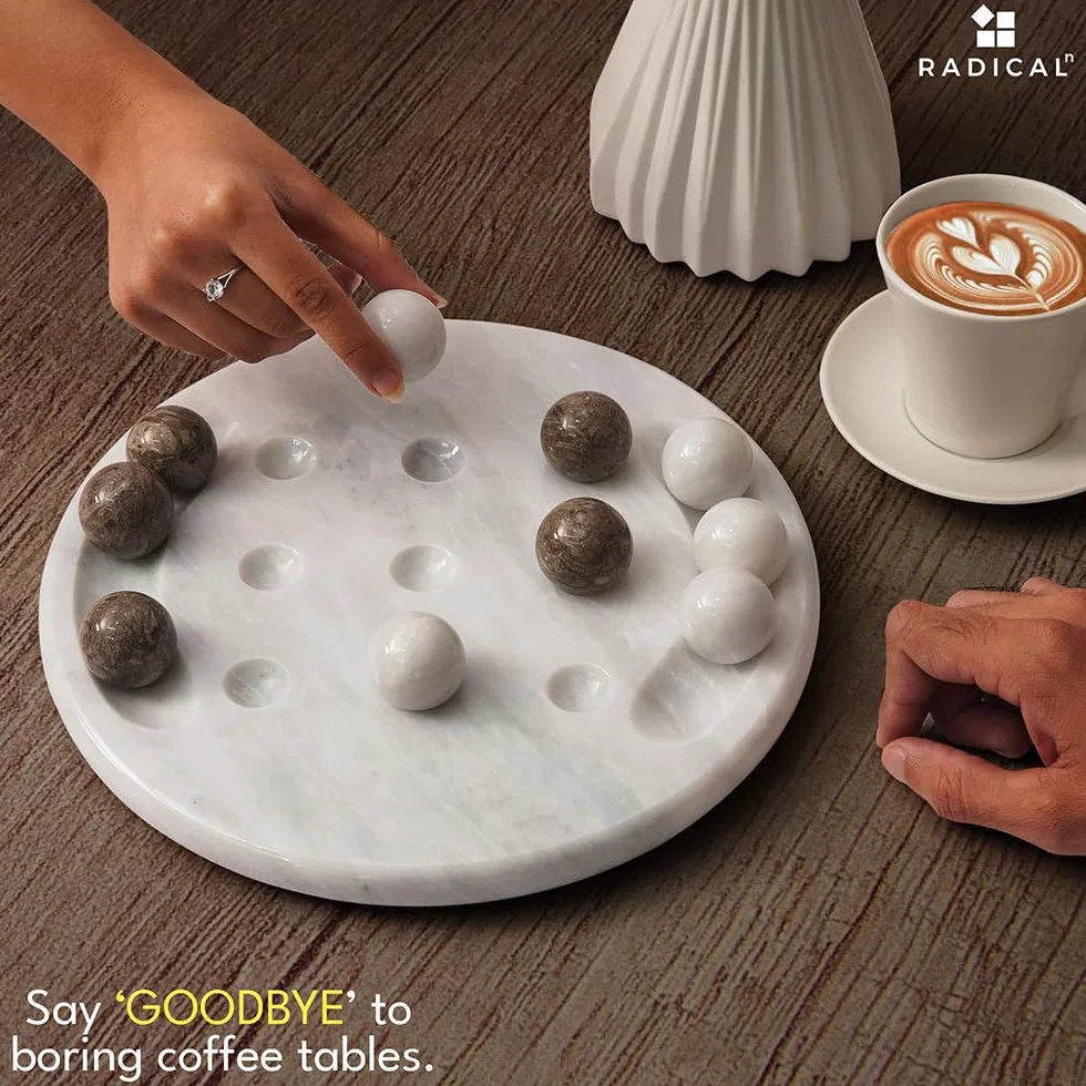 Radicaln Marble Tic Tac Toe 25 cm biała i oceaniczna ręcznie wykonana gra stołowa – klasyczna gra planszowa dla dorosłych, element centralny stolika kawowego i dekoracja pokoju