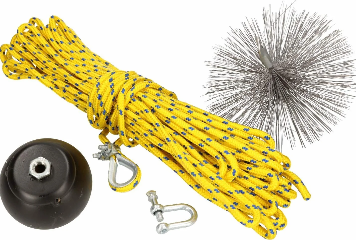 KOTARBAU® Zestaw do czyszczenia komina ze szczotką ze stali sprężynowej: kula, szczotka (150mm), linka (12m)