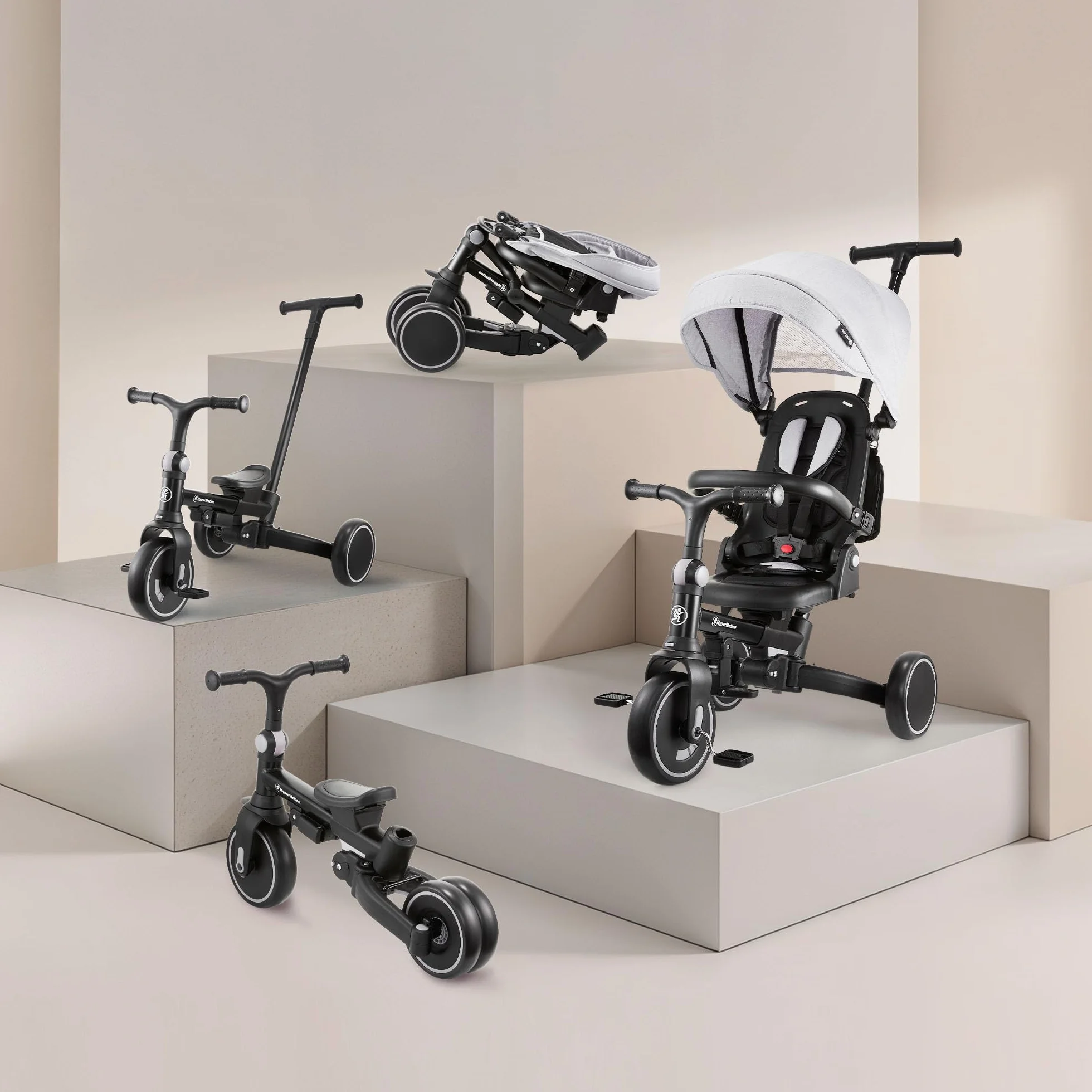 HyperMotion Rowerek Trójkołowy 8w1 TOBI FOREST – Modułowy Rower z Daszkiem, Pchaczem i Obrotowym Fotelikiem – Dla Dzieci 1-5 Lat – Kompaktowy i Regulowany (GRAY)