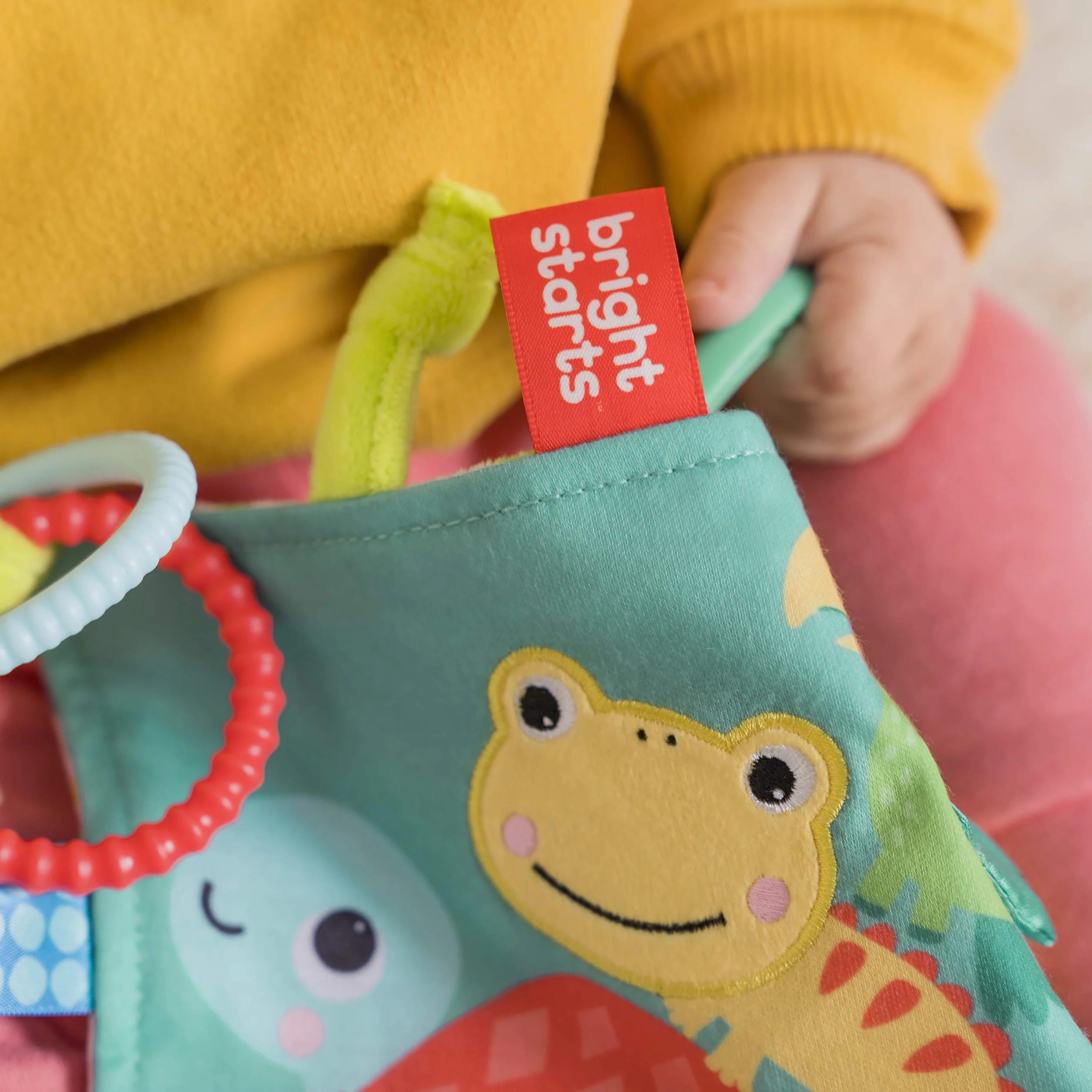 Brights Starts 12619 chusta materiałowa Fuzzy Feelies, bardzo miękka chusta do przytulania, łatwe mocowanie do wózka, z przyczepkami wspierającymi motorykę, wielokolorowa