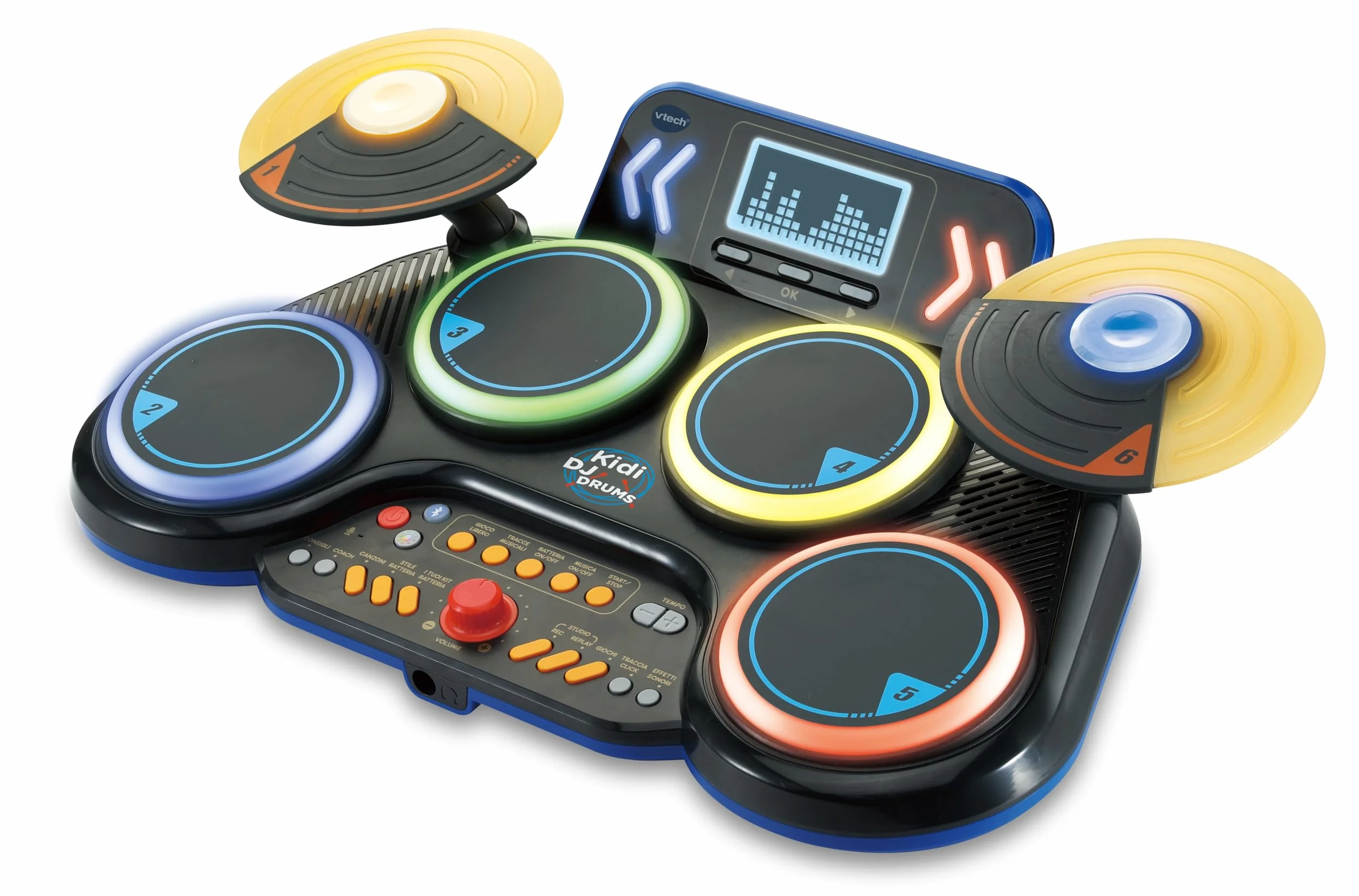 VTech Kidi DJ Drums, elektroniczny akumulator dla dzieci z podkładkami świecącymi, grami muzycznymi, trybem Bluetooth i wbudowanym mikrofonem, pałeczkami w zestawie, język włoski, baterie w zestawie,