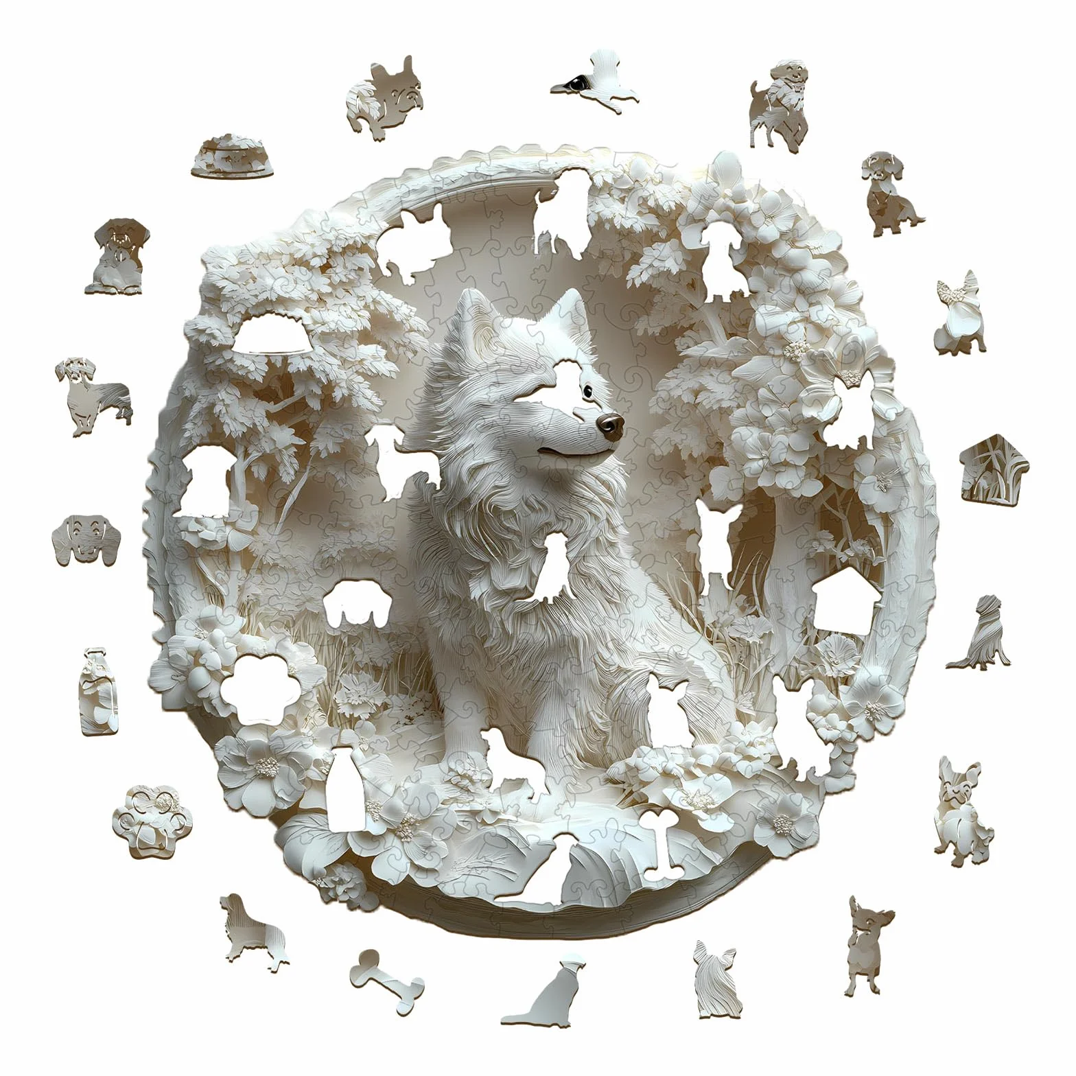 Puzzle drewniane dla dorosłych pies Samoyed - 295 elementów w pudełku upominkowym, dekoracja ścienna i prezent dla przyjaciół i rodziny (od 14 lat+)