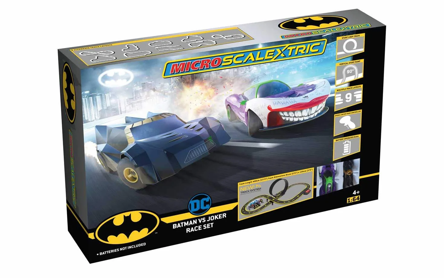 Micro Scalextric Zestawy torów wyścigowych dla dzieci w wieku od 4 lat - Batman vs Joker Track Builder, zestaw konstrukcyjny, tor samochodowy zasilany bateriami, samochody slotowe, pojazdy do zabawy
