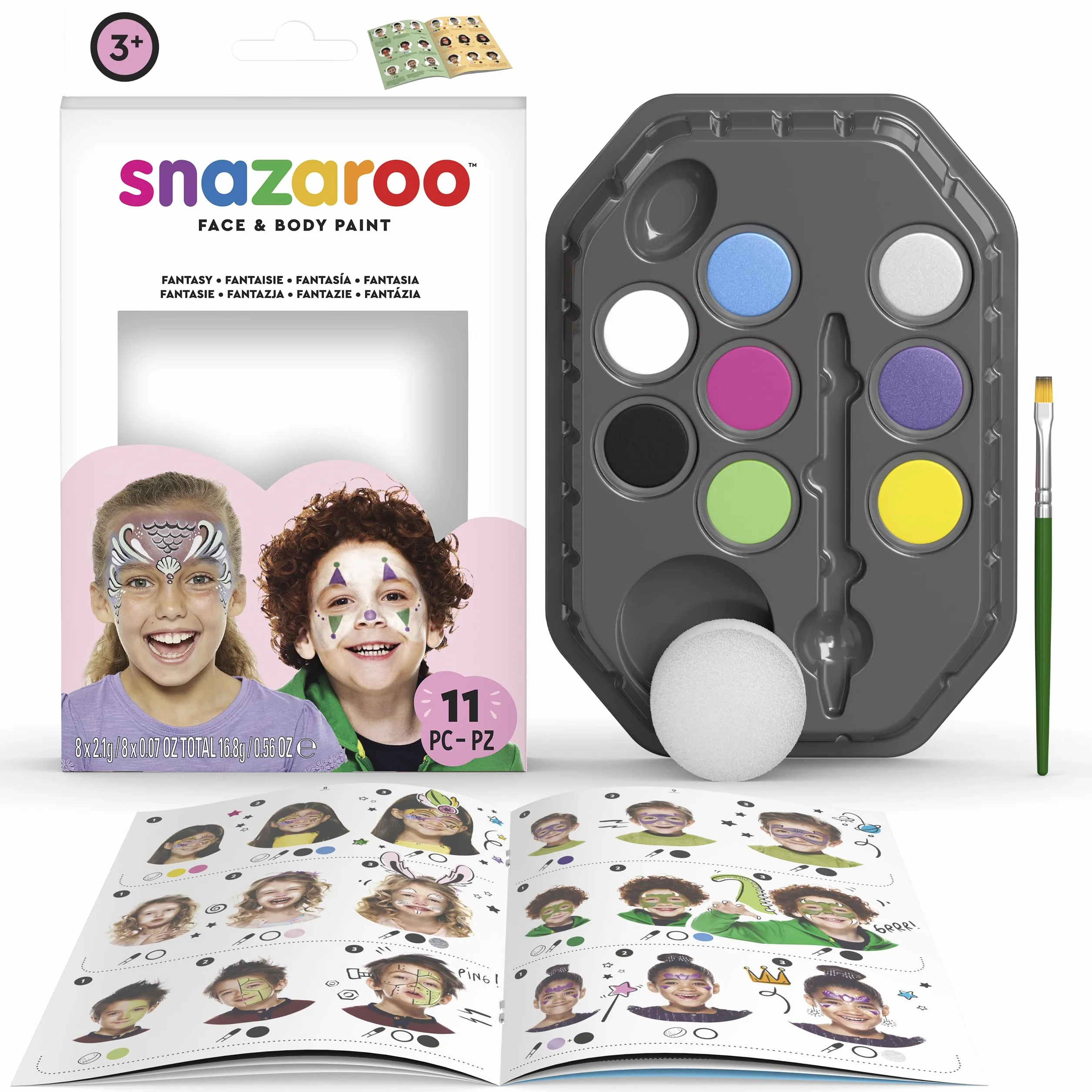 Snazaroo Zestaw do makijażu dla dziewcząt, paleta 8 kolorów z pędzlem i gąbką