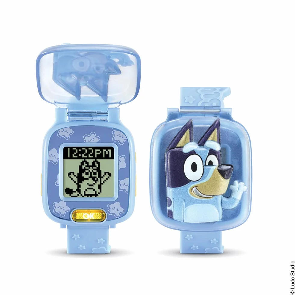 VTech - Bluey, interaktywny zegarek do gier, zegarek dla dzieci z klapką z anime, miękki pasek, 8 tarczy, 4 gry edukacyjne, prezent dla dzieci w wieku od 3 lat do 7 lat - zawartość w języku francuskim