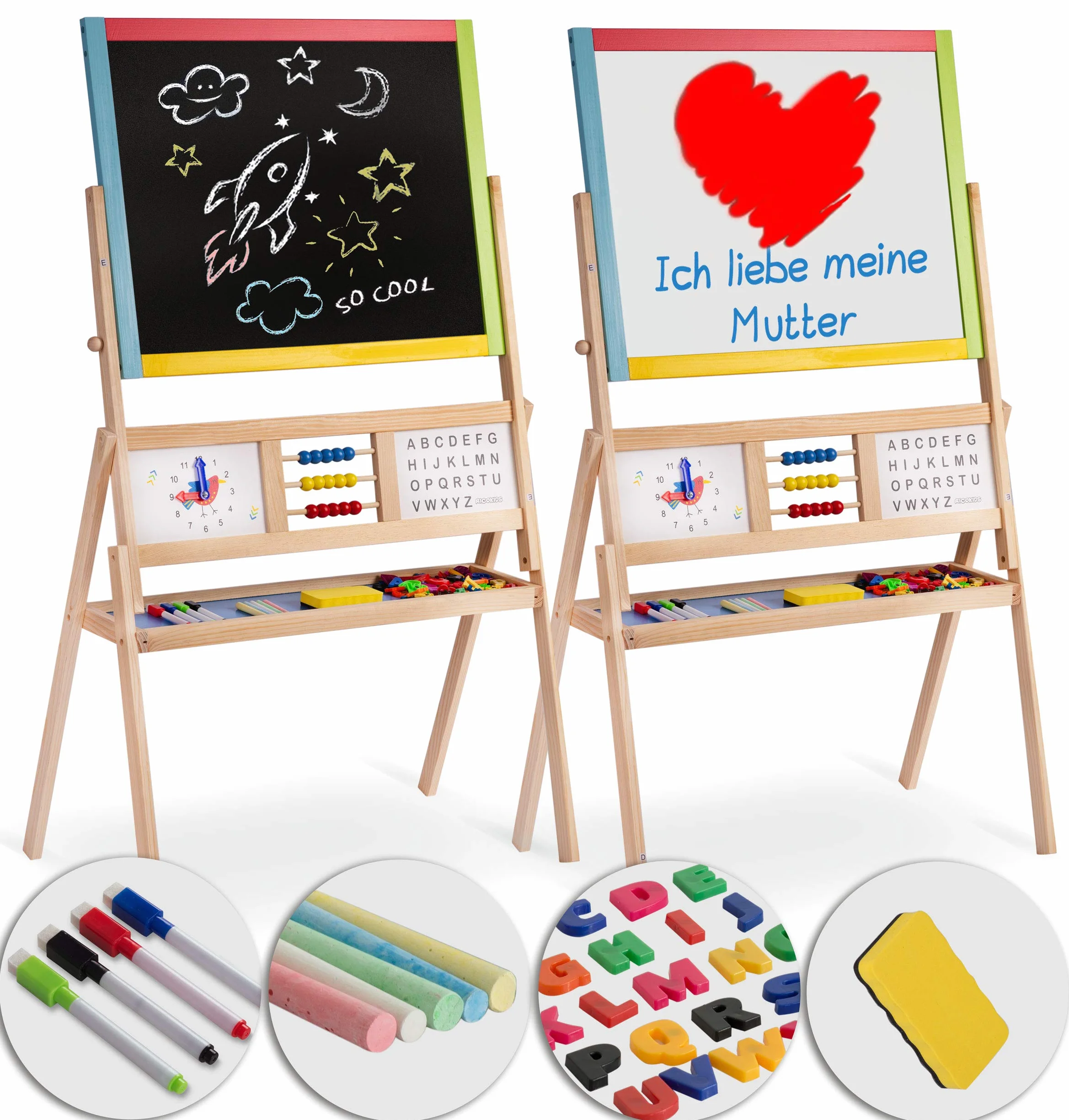 Ricokids Tablica do zabawy dla dzieci, magnetyczna tablica suchościeralna, zegar liczydło i tablica do malowania kredą, tablica dla dzieci, sztaluga z drewna