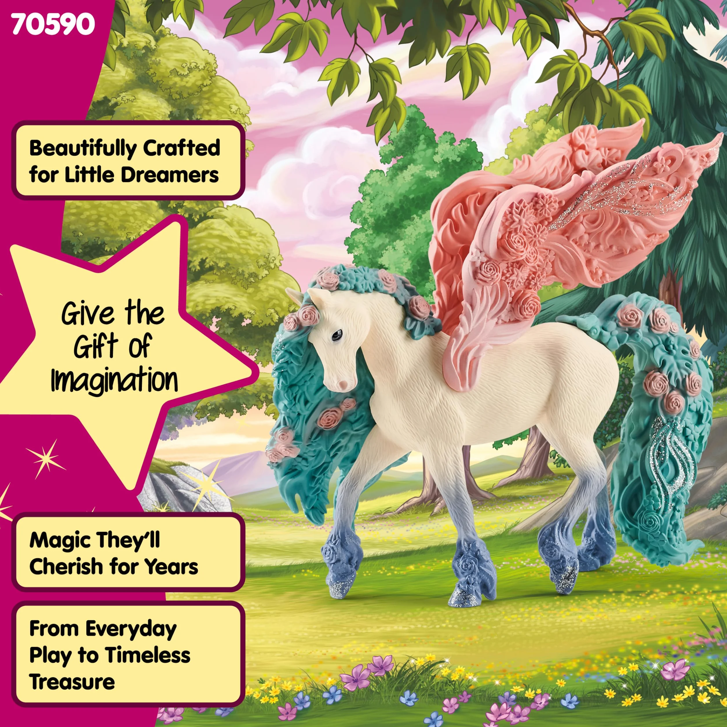 schleich BAYALA | Kwiatowy pegaz 70590 | Skrzydła ozdobione kwiatami i brokatem | Fantastyczna figurka kolekcjonerska | Prezent dla dziewczynek i chłopców | Od 5 lat | 14 × 7 × 13 cm