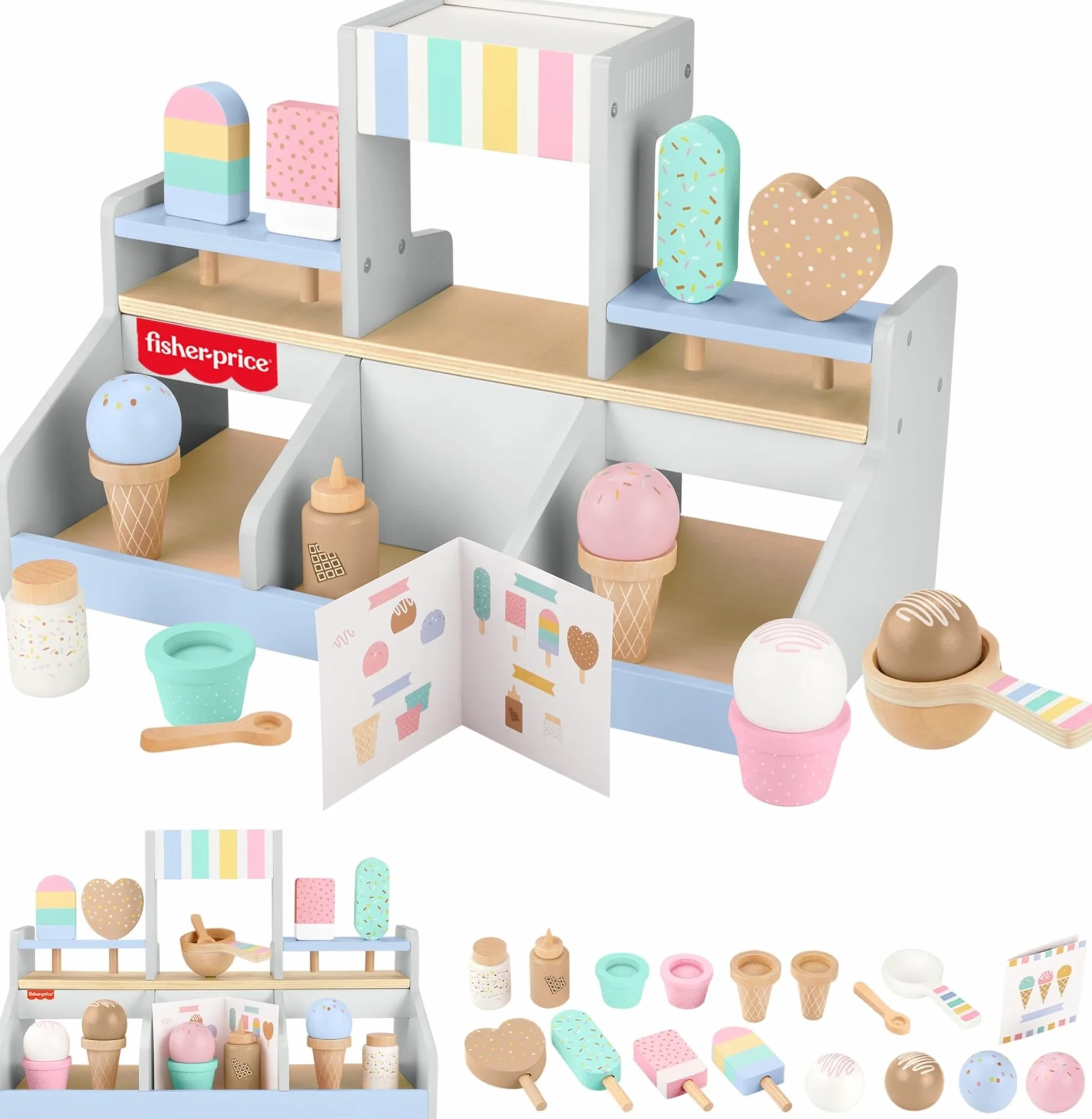 Fisher-Price Drewniana lodziarnia Zestaw z 18 elementami do zabawy w naśladowanie Drewniana zabawka dla 3 latków i starszych maluchów, HXV21