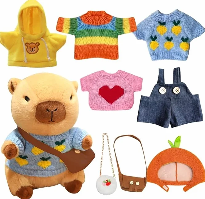 Capybara przytulanka, 8 szt. Dress Up Capybara pluszak, 30 cm słodką Capybar pluszową zabawkę z ubraniami, torbą, kapeluszem dla dzieci jako dekoracja domu, prezent urodzinowy