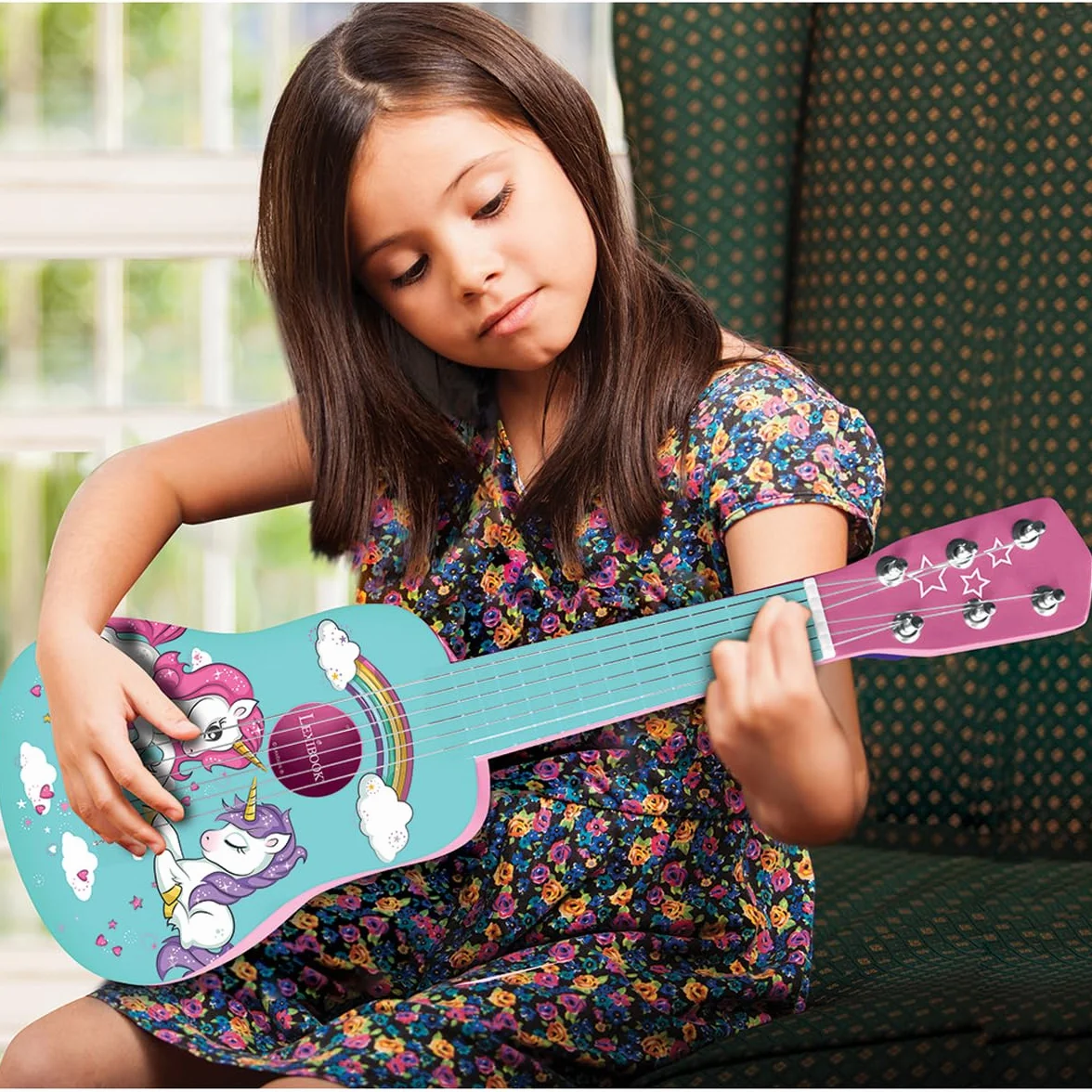 Lexibook Drewniana Gitara Jednorożec, 6 Strun, 53 cm, Przewodnik w Zestawie, Różowy, Niebieski, K205UNI