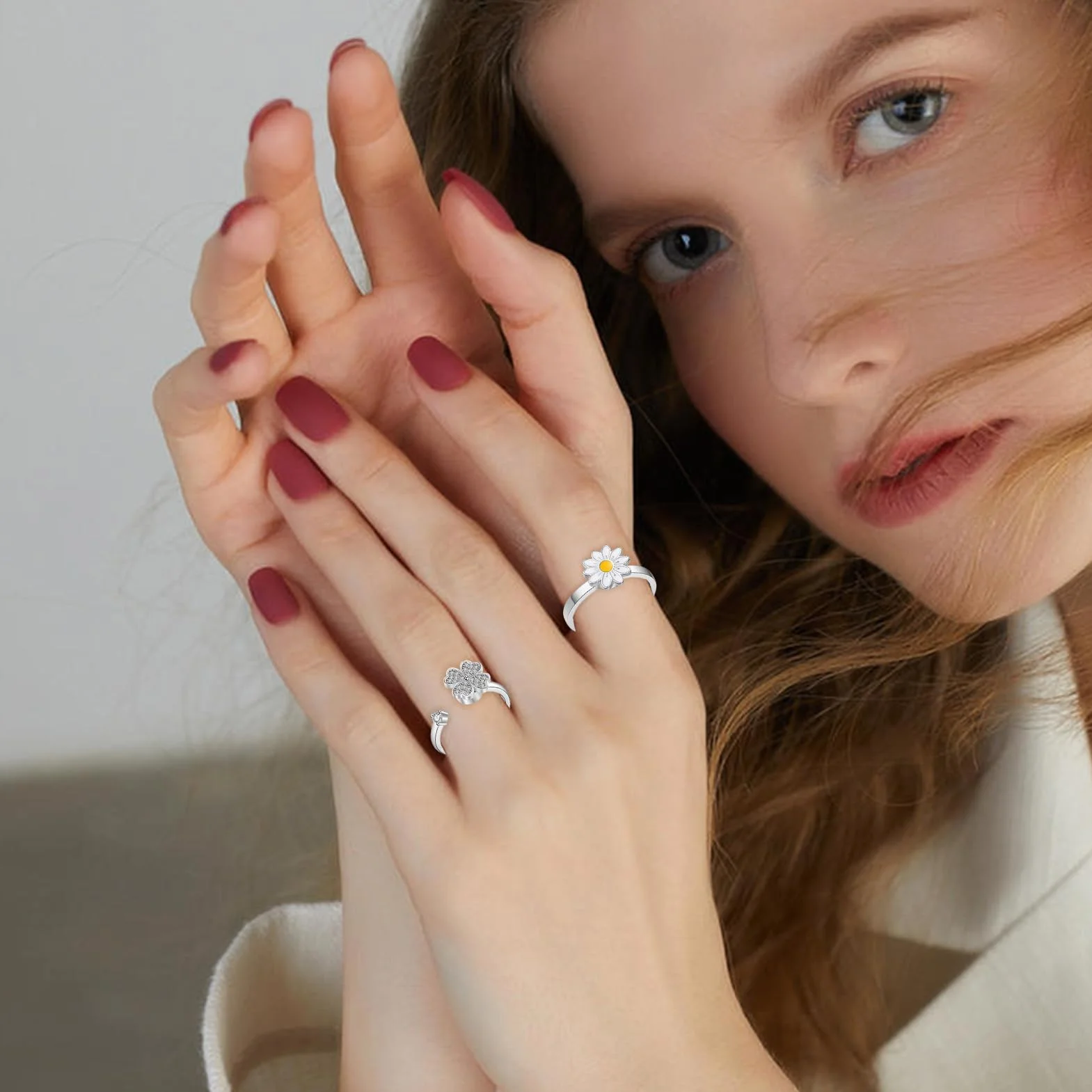 Fidget Rings, Spinner Jewelry, Fidget Rings do ?agodzenia stresu, 4-cz??ciowy zestaw z motywami ksi??yca, s?o?ca i kwiatów, ?atwe w u?yciu ?dzie do modowania, stylowe akcesoria dla dziewcz?t, nast