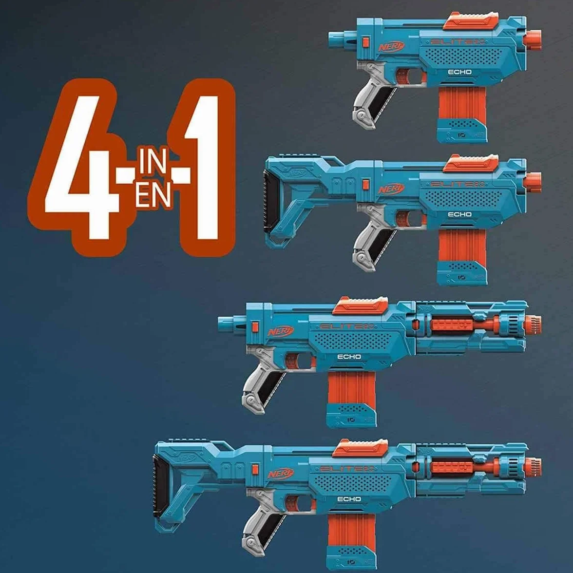 Wyrzutnia Nerf Elite 2.0 Echo CS-10-24 oryginalne strzałki Nerf, 10-strzałkowy magazynek, zdejmowana kolba, przedłużenie lufy, 4 szyny na akcesoria.