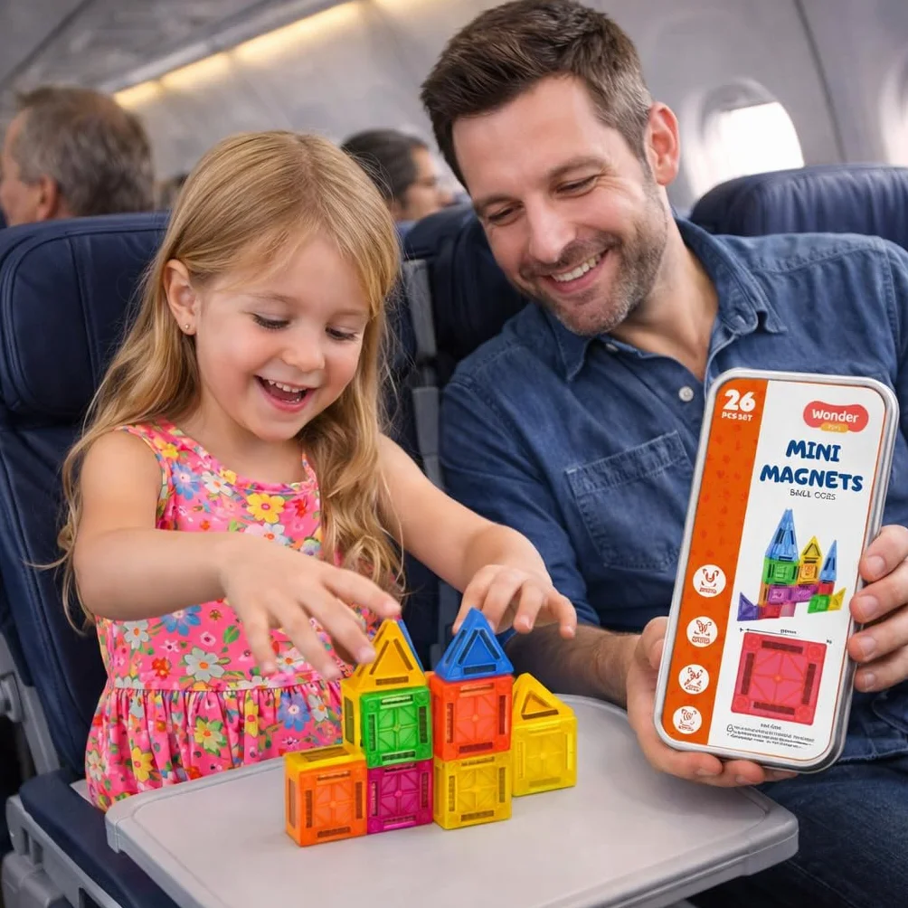 Wonder Toys Mini bloki magnetyczne – 26-częściowy zestaw podróżny, oryginalna magnetyczna zabawka budowlana dla chłopców i dziewczynek w wieku 3-7 lat. Idealne do kreatywnego budowania i nauki zabawy