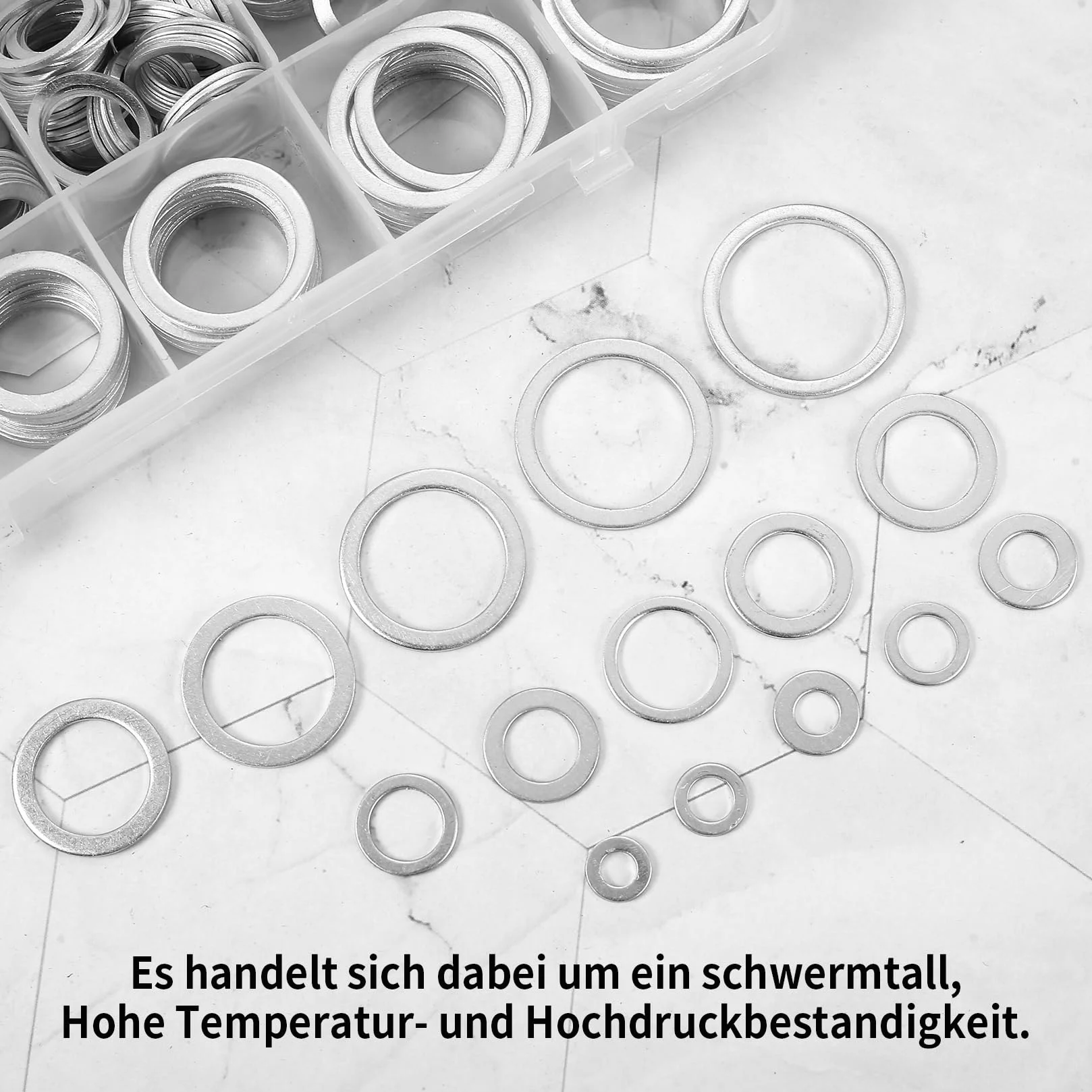 Zestaw 510 pierścieni uszczelniających, korek spustowy oleju, metalowe podkładki z aluminium, asortyment pierścieni mocujących, zestaw uszczelek płaskich, M5, M6, M8, M10, M12, M14, M16, M18, M20, M22