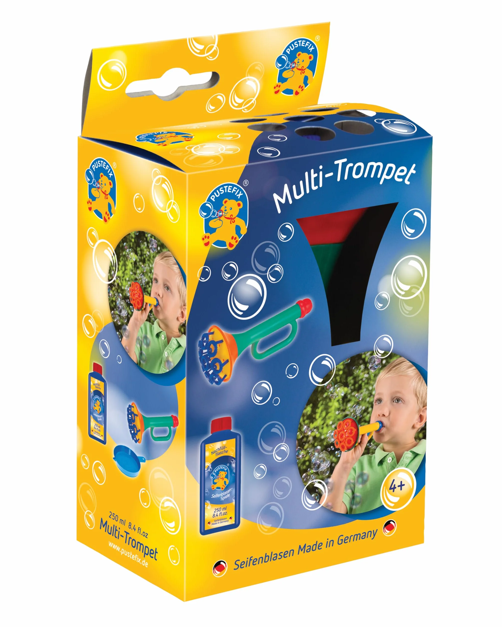 PUSTEFIX Multi Bubble trąbka, 250 ml, roztwór bąbelkowy, kolorowe bąbelki, wyprodukowano w Niemczech, bańki mydlane, zabawka na urodziny dziecka, wesela, imprezy dla dzieci i dorosłych