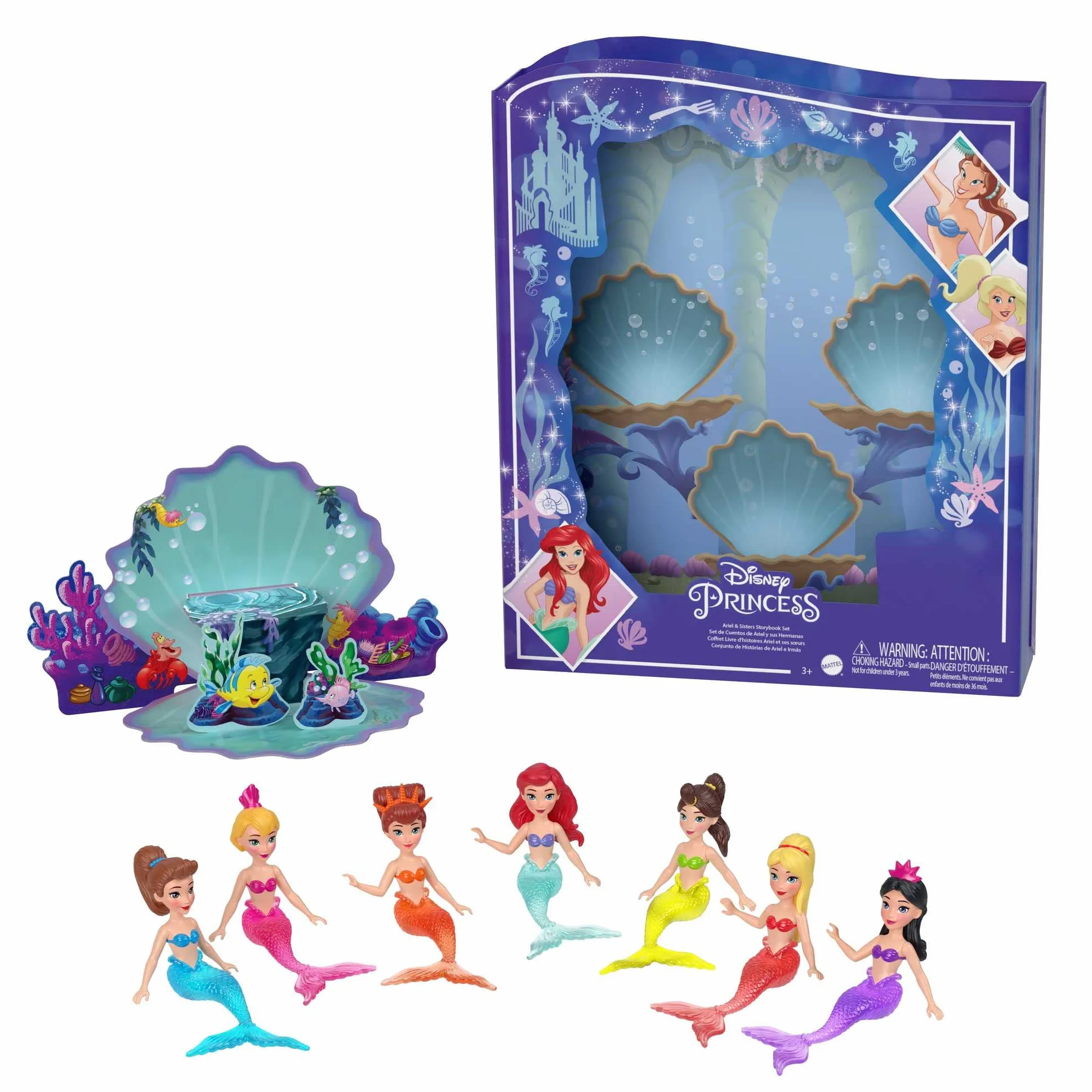 Mattel Księżniczka Disneya Arielka z siostrami Zestaw książka z 7 małymi lalkami syrenkami, figurkami i akcesoriami inspirowanymi filmem „Mała syrenka” Disneya HLW96