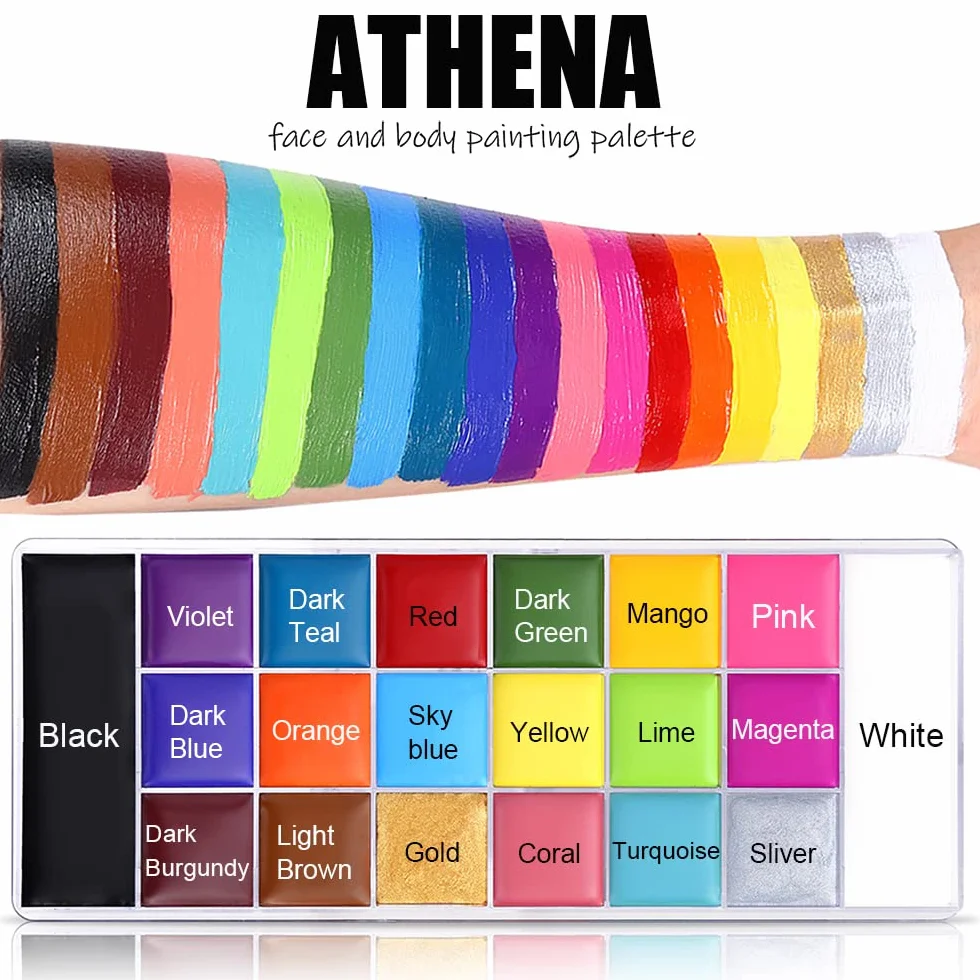 UCANBE Athena Face Paint 20 kolorów z 24 szablonami i 2 pędzlami, athena Face Paint wysokie odwzorowanie kolorów, farba do twarzy na Halloween, do makijażu teatralnego, malowania brzucha, makijażu na