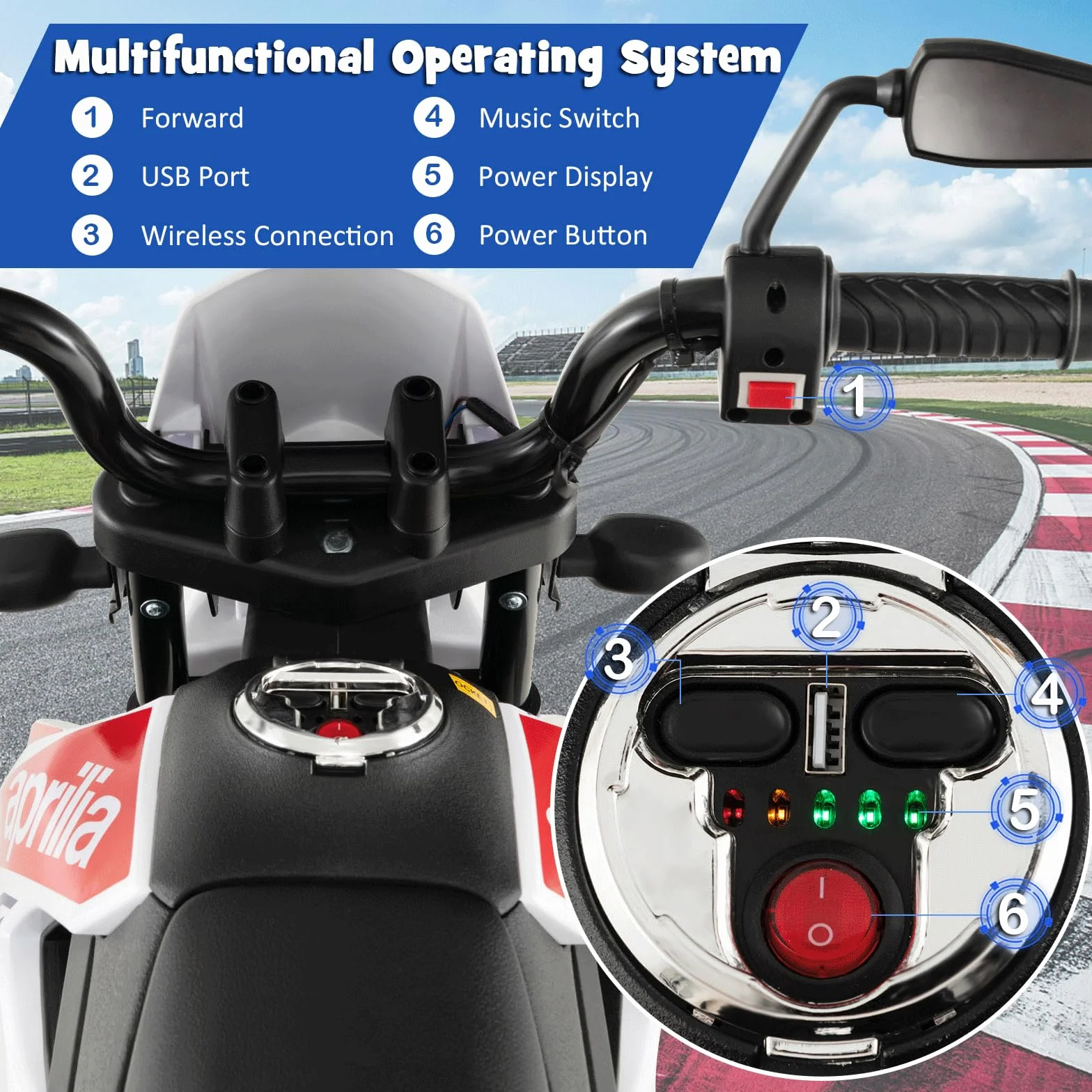 GOPLUS elektryczny motocykl Aprilia 12 V, 2 kółka podporowe i reflektory, muzyka dla dzieci 3-8 lat, pojazd z silnikami i amortyzatorami