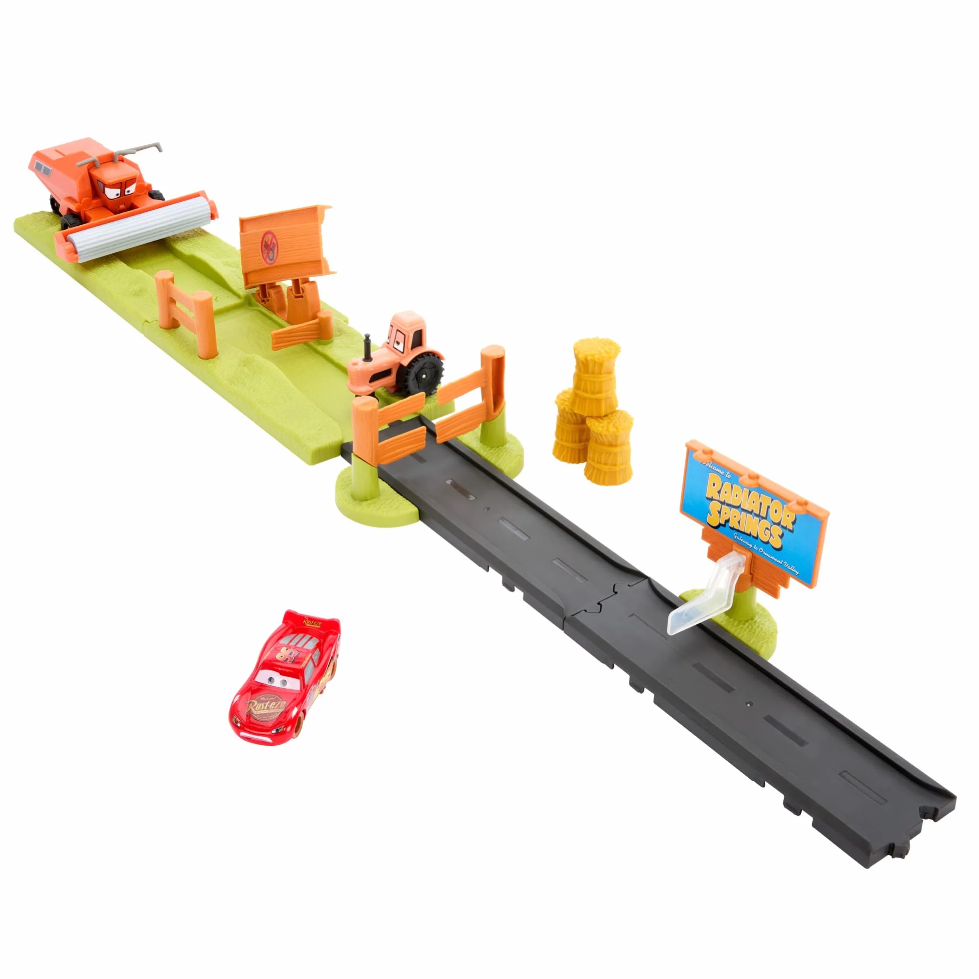 Mattel Disney Pixar Cars Auta Kaskaderska ucieczka Zestaw do zabawy Tor wyścigowy z 3 pojazdami zabawkami, w tym Zygzakiem McQueenem, i 2 sposobami zabawy, HRX48